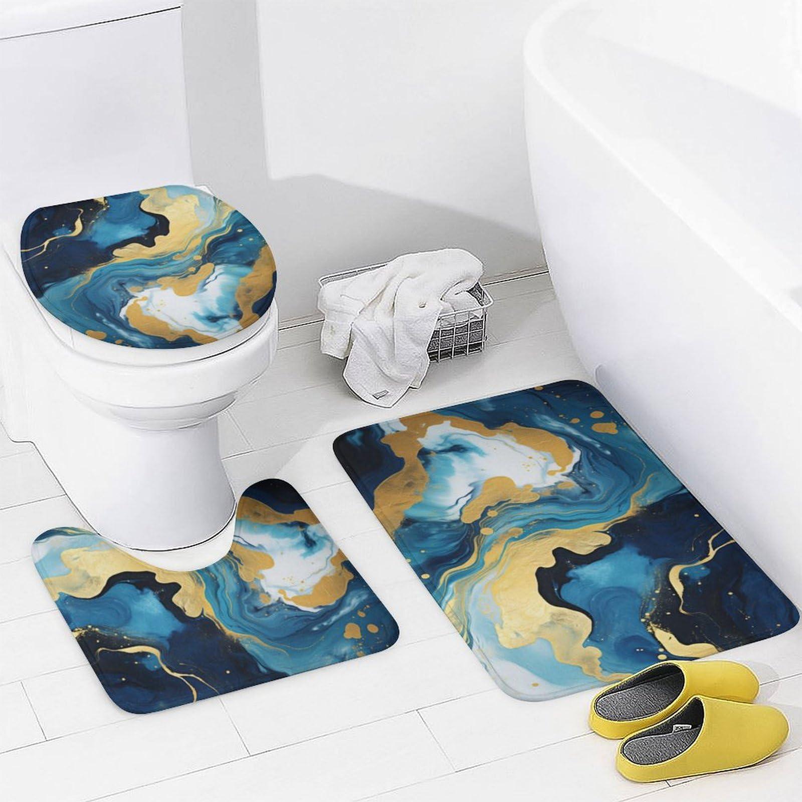 Dunmat Scandinavian Style Marble Shower Curtain 4 Piece Sets with Non-Slip Rugs,Toilet Lid Cover And Bath Mat Navy Blue Gold Fluid Abstract Modern Waterproof Shower Curtain with 12 Hooks Bathroom Set Home De