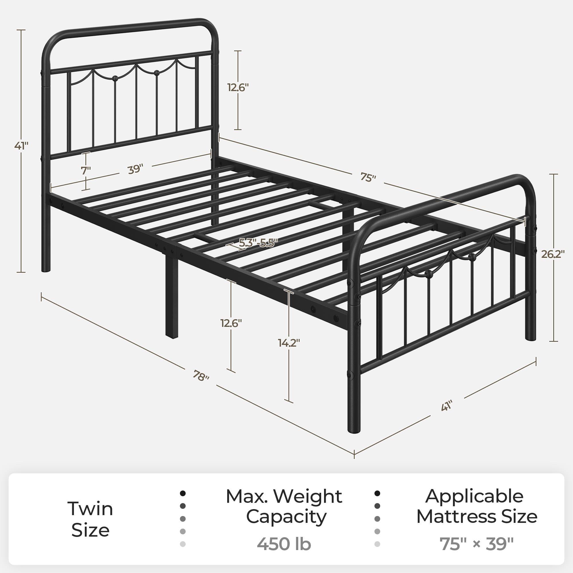 Yaheetech Yaheetech Twin Size Metal Bed Frames with Vintage Headboard and Footboard, Farmhouse Metal Platform Bed, Heavy Duty Steel Slat Support, Ample Under-Bed Storage, No Box Spring Needed, Black