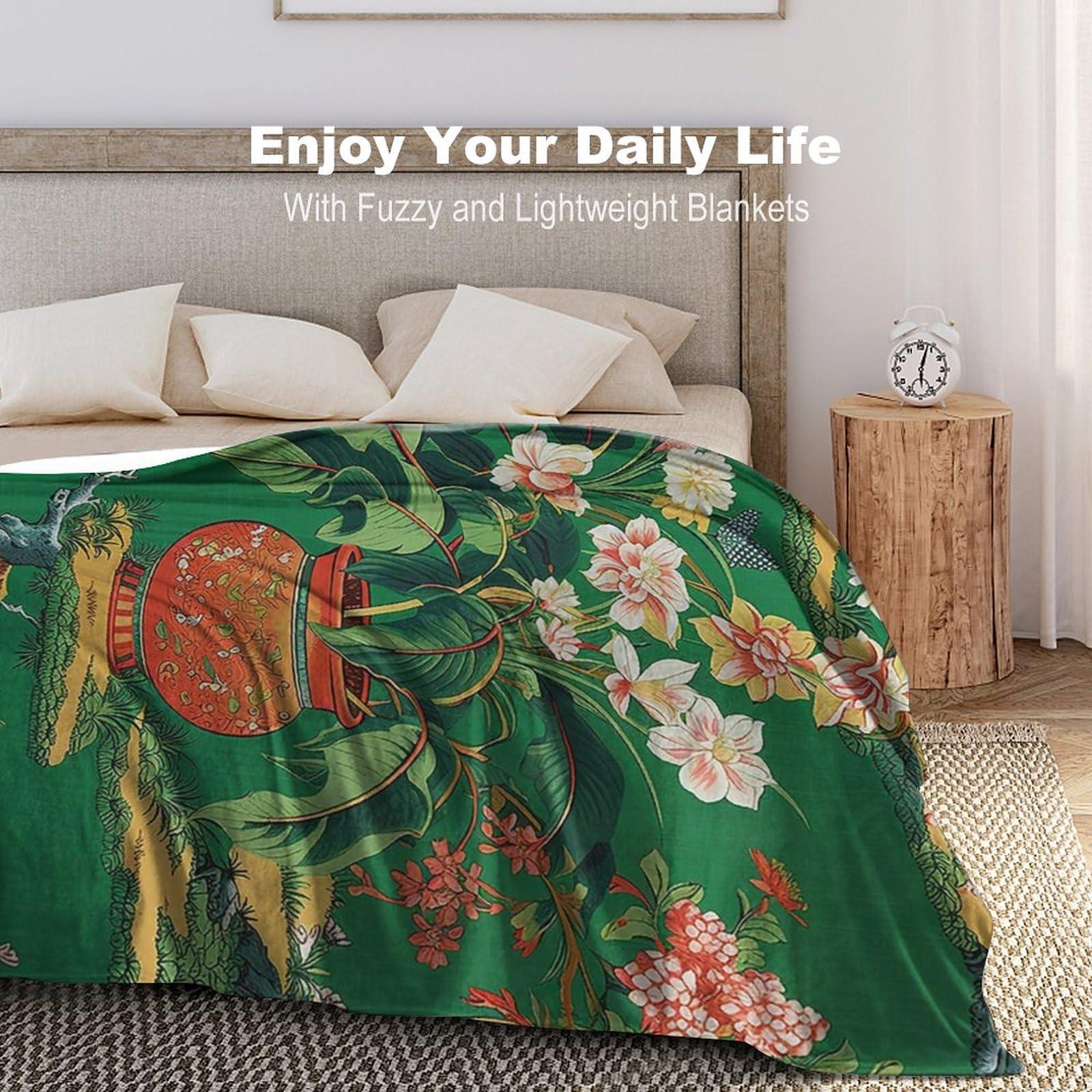 MangGou MangGou Ming Vase Green Fleece Blanket Chinoiserie Green Vase Flower Blanket Japanese Asian Style Sofa Bed Throw Blanket Warm Soft Flannel Blankets 30x40in Winter Christams Gift