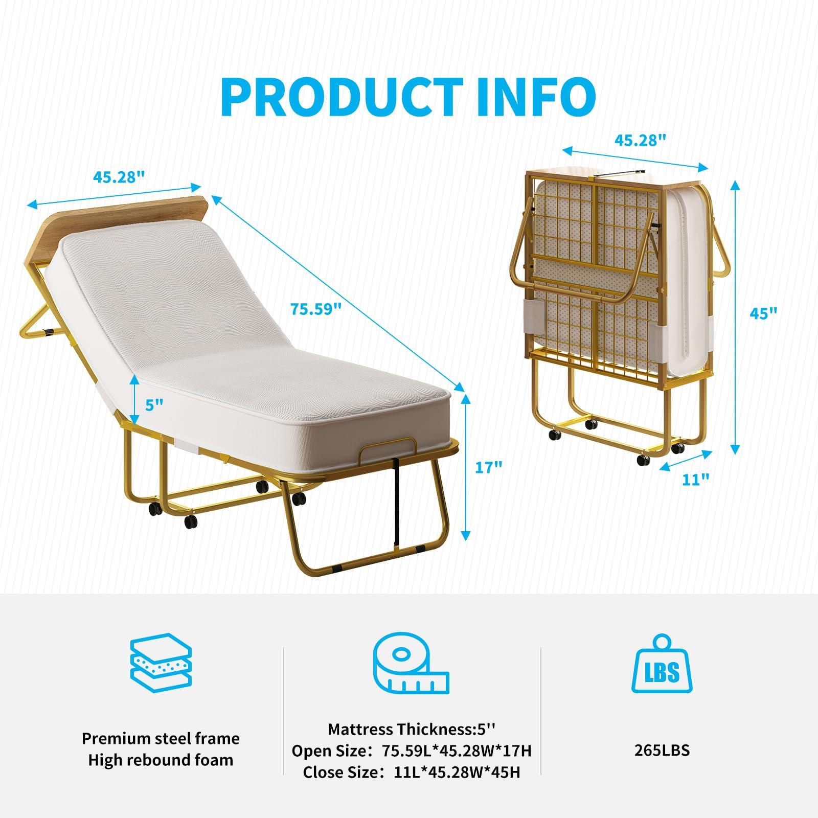 PUREMIND PUREMIND Folding Bed with 5 Mattress & Baffles, Twin Size 75x 45 Portable Bed Rollaway Beds for Adults, Fold up Bed with Metal Frame Space-Saving Guest Bed for Living Room/Apartment/Office