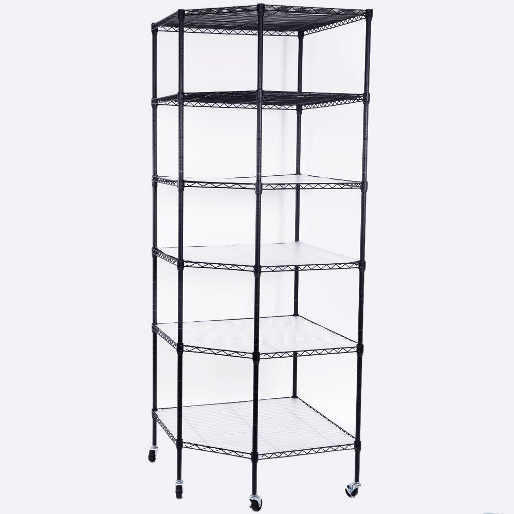 Loyaltaling 6 Layer Standing Shelf Units, Polygonal Corner Shelf, Metal Storage Standing Rack with Wheels Wire Shelving Unit for Kitchen Garage and Living Room (Black)