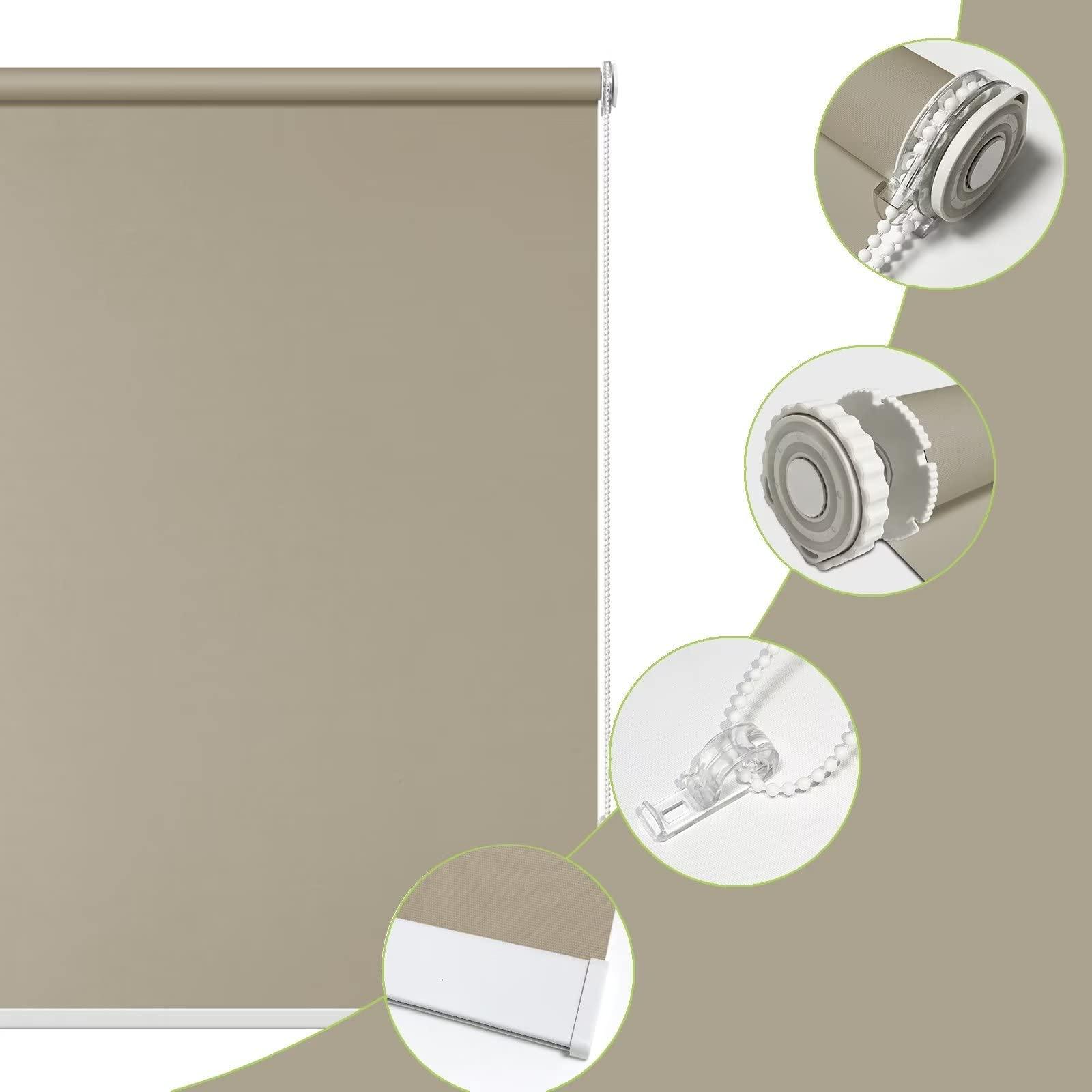 fhsblinds FHSBLINDS No Tool No Drill Custom Roller Shades for Windows Blinds for Windows-Room Darkening Waterproof Blackout Window Blinds & Shades for Home Kitchen Bedroom (Khaki 100% Blackout, 67" W x 96" H)
