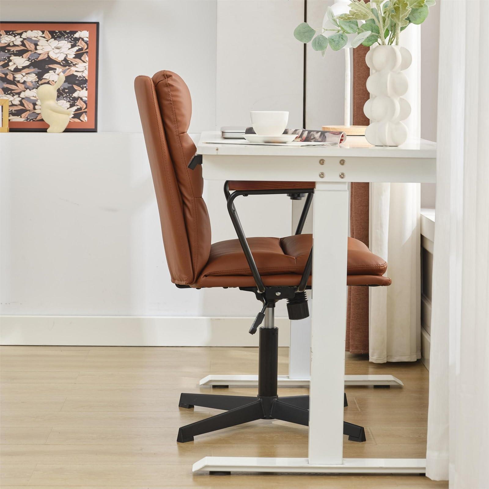 Okeysen Okeysen Office Desk Chair No Wheels, Swivel Chair with Retro Wooden Armrests, Criss Cross Legged Armless Computer Chair for Home Office, Mid Century Modern Adjustable Task Chair with Thick Cushion