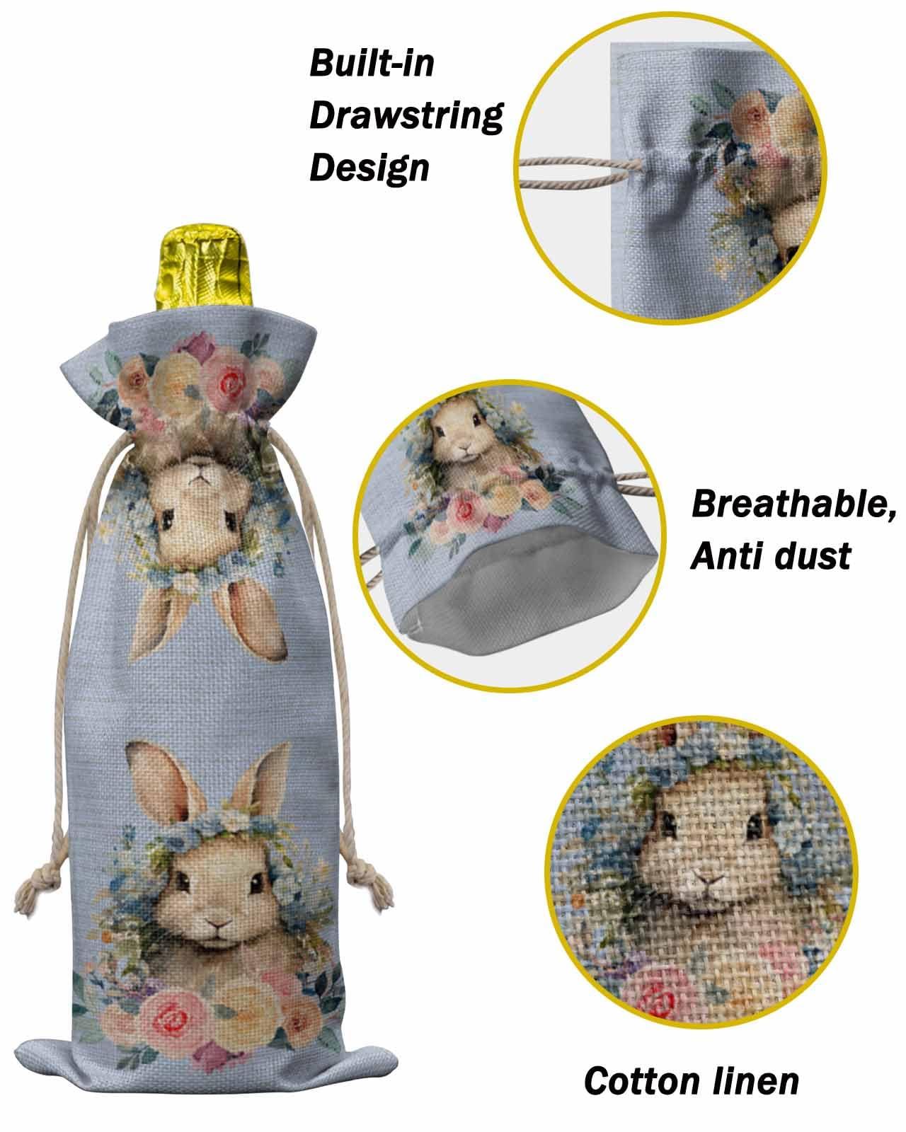 PIEPLE PIEPLE Easter Blue Bunny 10PCS Wine Bottle Bags, Wine Bottle Cover with Drawstring, Gift Bag for Champagne, Wedding, Birthday, Party Rustic Spring Botanical Flower Leaves