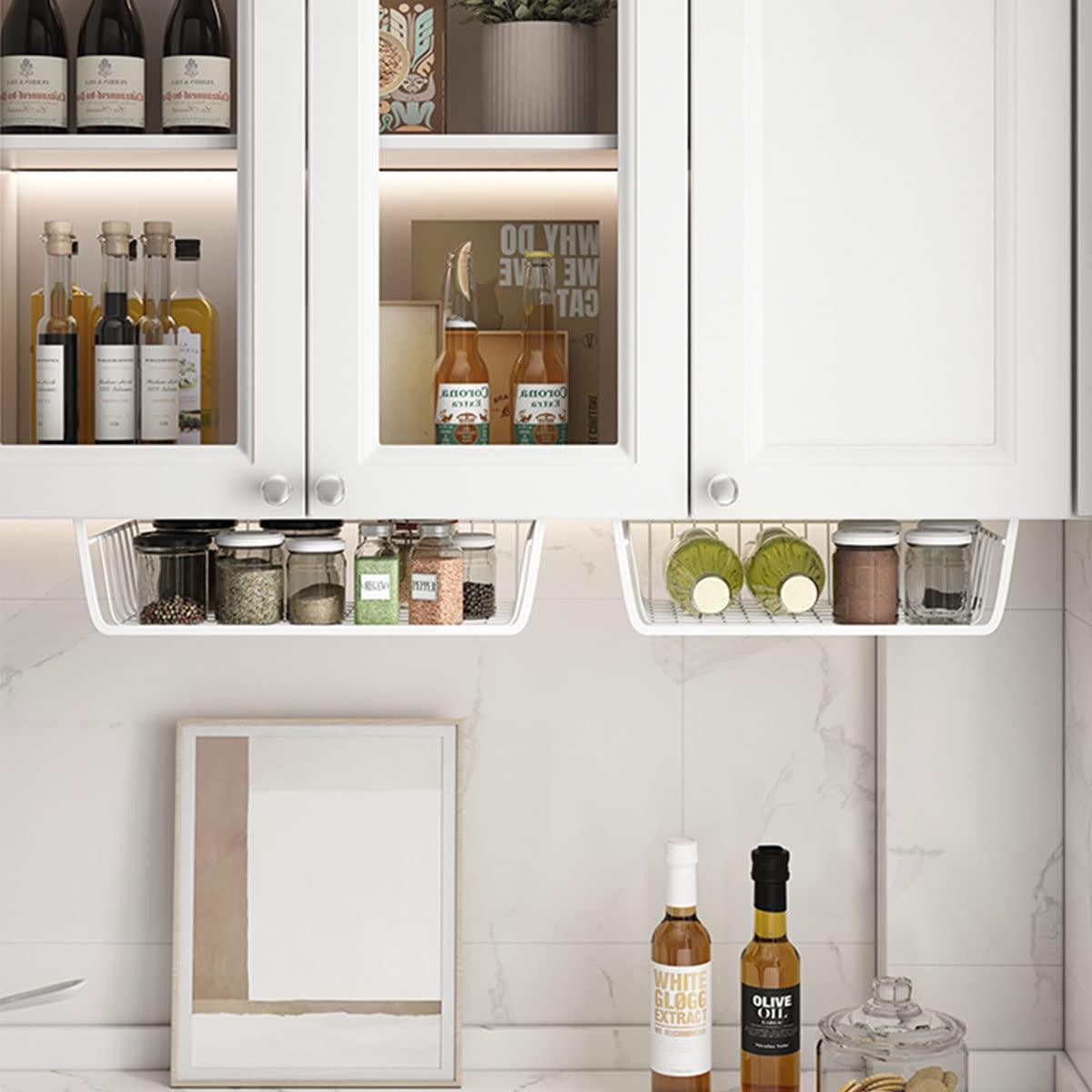 Vilive Vilive Under Shelf Storage Basket, Hanging Shelf Basket Slides Under Shelves for Storage Metal Under Cabinet Shelf Basket Organizer for Kitchen Pantry Desk Bookshelf (White Pack of 4)