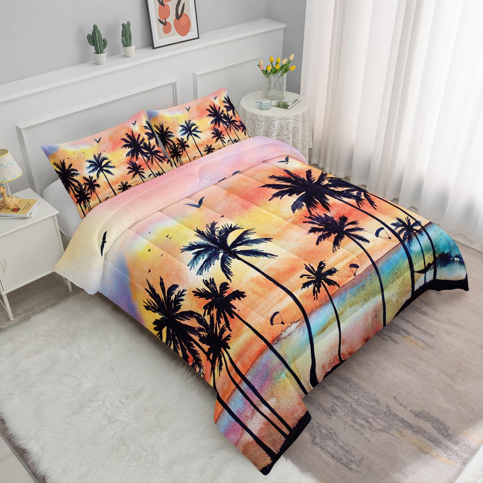 Axolotl Axolotl Beach Ocean Comforter Set Full,Coastal Beach Themed Bedding Set with Palm Trees Parachute for Girls Boys Kids Teens Adults Bedroom Decor,1 Hawaiian Comforter and 2 Pillowcases,Rainbow