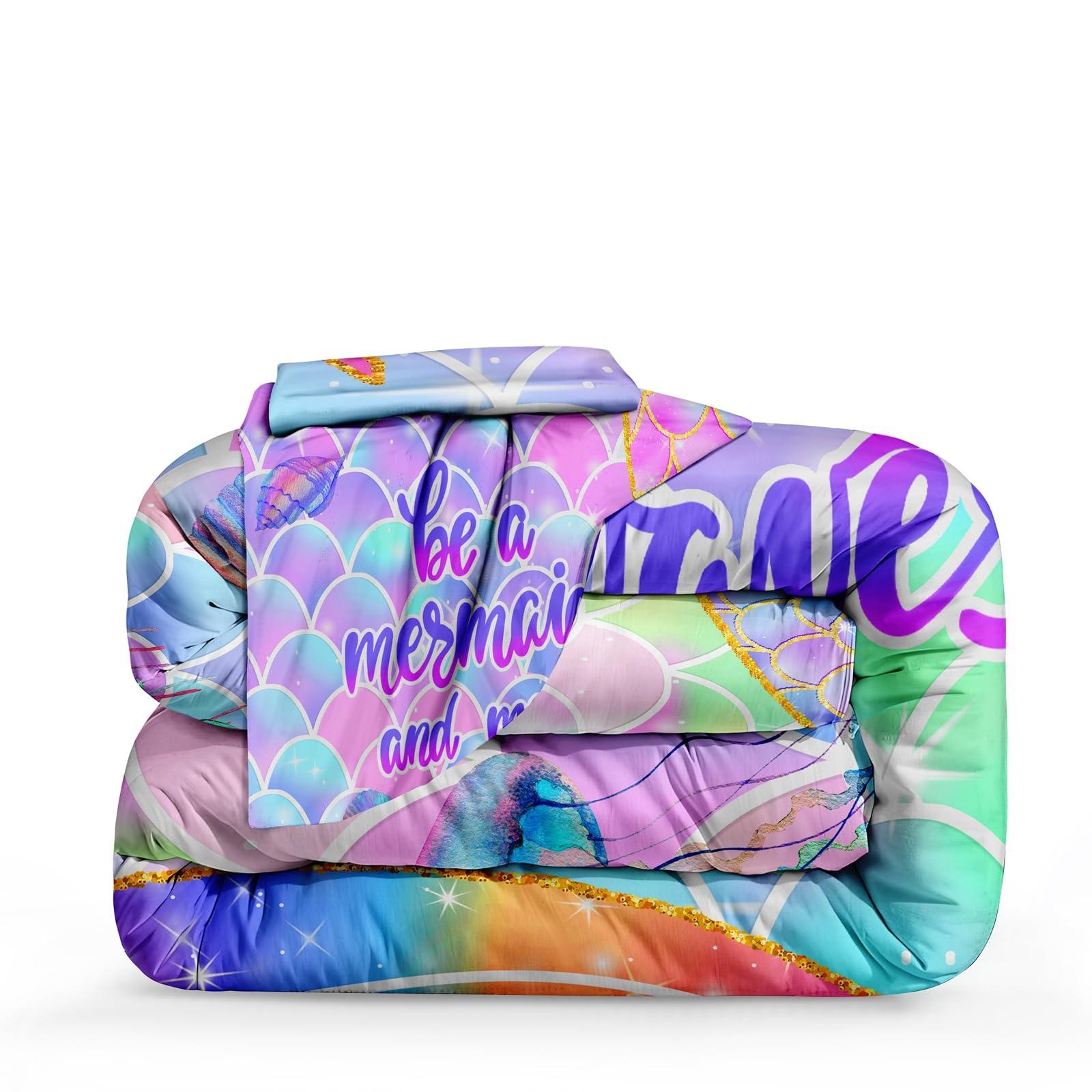 ROWADALO ROWADALO 5 Pieces Mermaid Scale Glitter Comforter Set Fish Scale Shell Starfish Girls Bedding Set,Gradient Rainbow Mermaid Tail Bed in A Bag Twin Size Complete Set for Girls Bedroom,MRY502-Twin