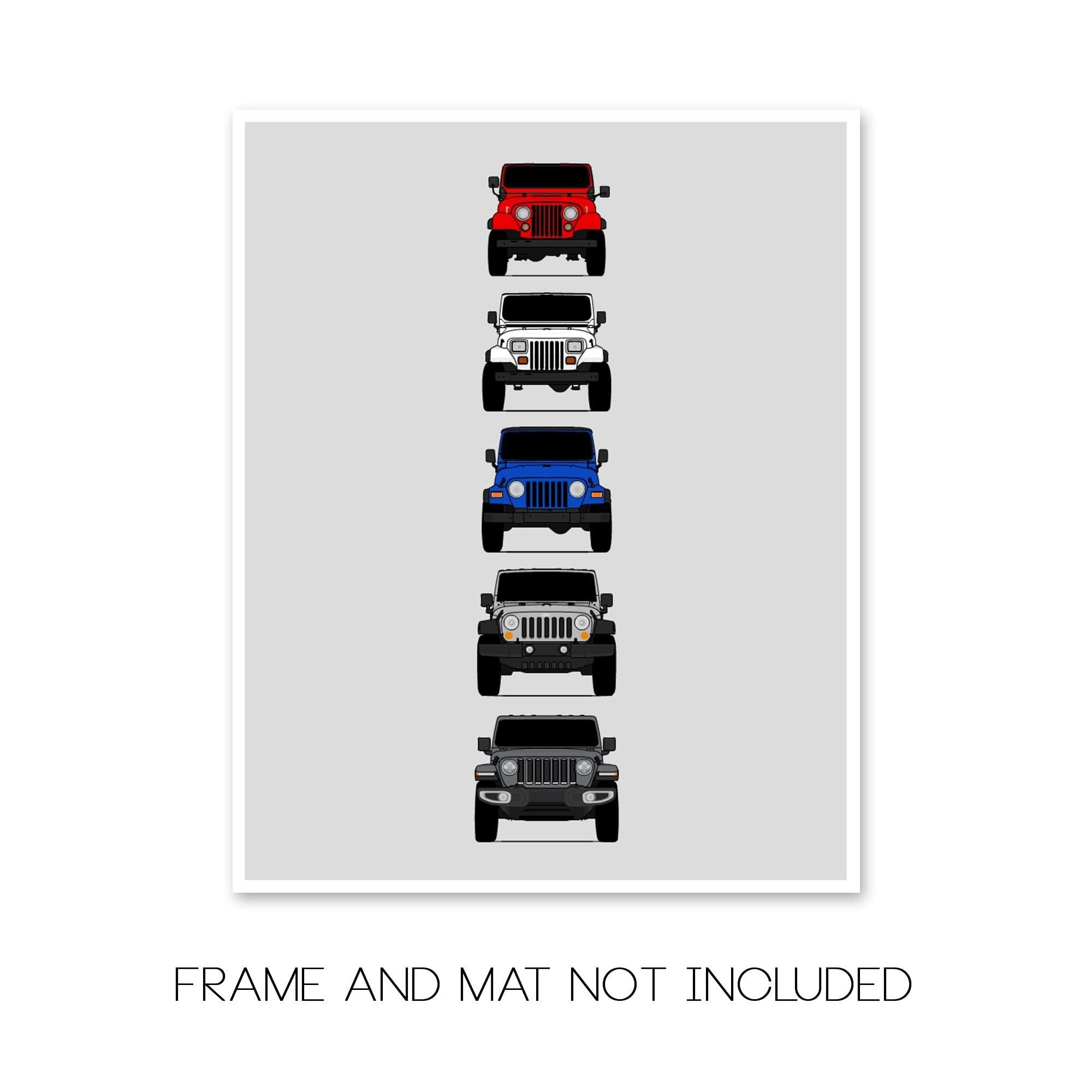 Custom Car Posters Custom Car Posters History of Jeep Wrangler Generations and Handmade Print of CJ, YJ, TJ, JK, JL - American, 11x14\" Satin Print (Unframed) - Gift for Car Enthusiast