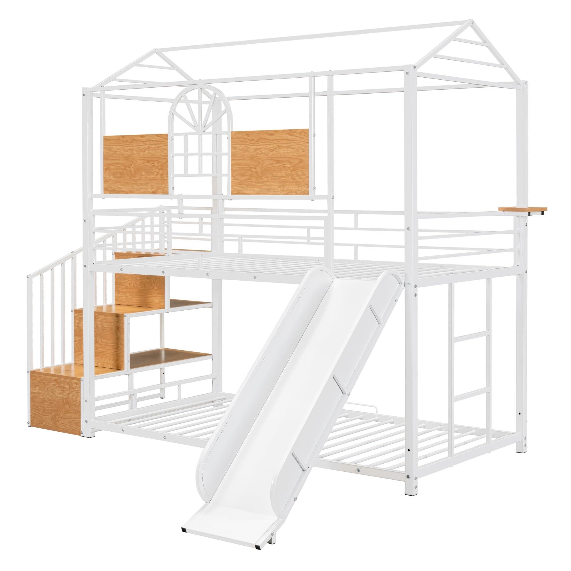 SOFTSEA SOFTSEA Metal Bunk Bed Twin Over Twin House bed with Slide and Storage Stair, for Kids Teens Bedroom, White with White Slide