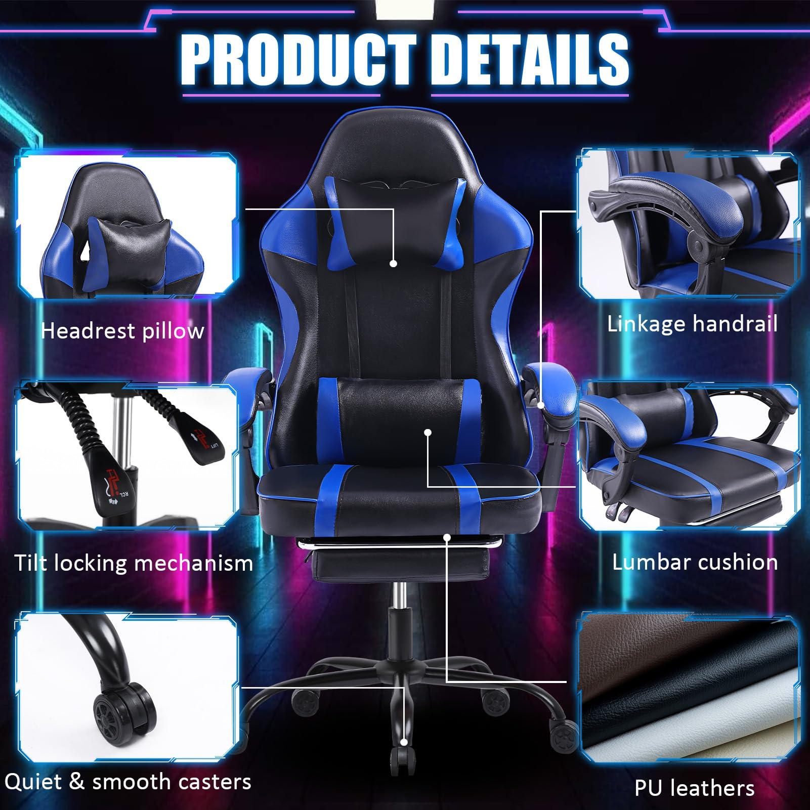 HOTOSYCH HOTOSYCH Gaming Chair, Ergonomic Video Game Chair for Adults, Comfortable Computer Chair with Footrest and Lumbar Support, Height Adjustable Gamer Chair for Office 350LBS, Blue