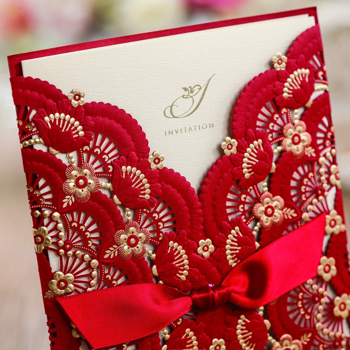 WISHMADE Hosmsua 50PCS Customized Red Wedding Invitations Cards with 5 x 7.4 Inch Laser Cut Rose Foil Gold Floral Pocket Invitions for Wedding Quinceanera Invite