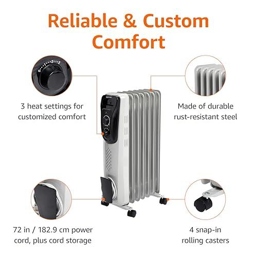 Amazon Basics Amazon Basics Oil Heater, Radiator Heater for Indoor Use, With Over-Heat Protection, 7 Oil-Filled Steel Fins, 3 Heat Settings, ETL-certified Safety, 1500W, White, 11"D x 14.8"W x 25.2"H