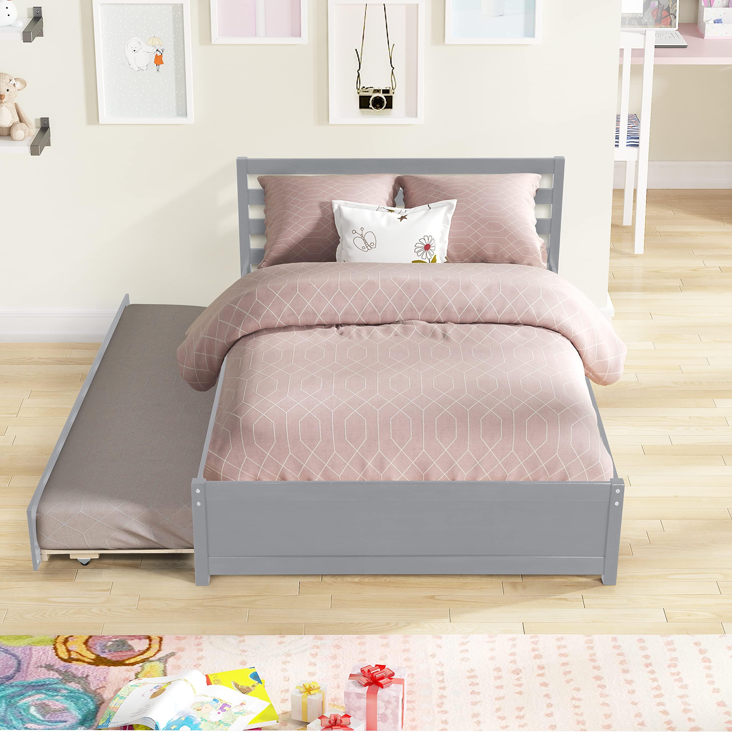 HomSof HomSof Full Size Wood Platform Bed Frame with Headboard and Twin Trundle,Grey
