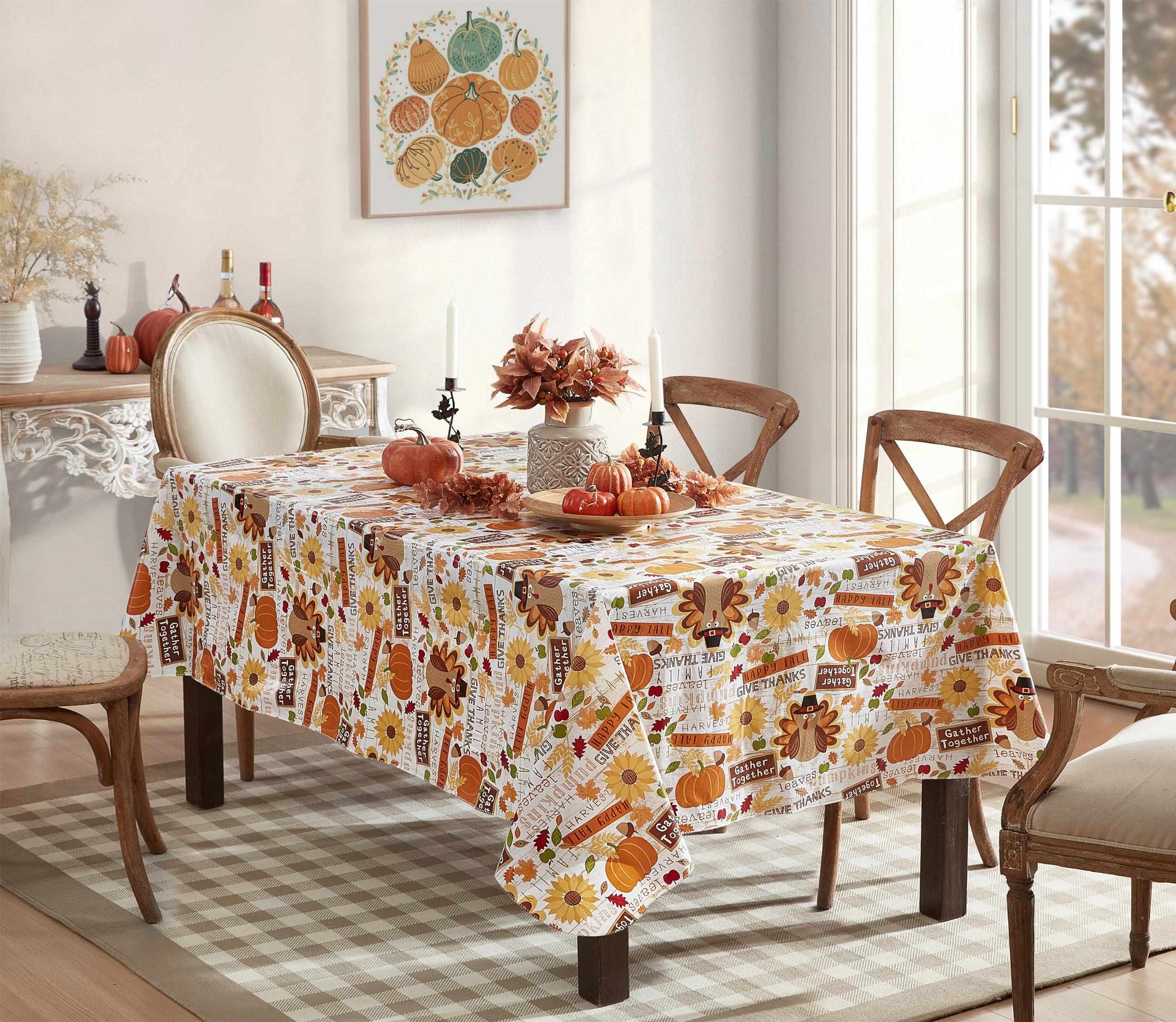 Newbridge Newbridge Happy Thanksgiving Turkey Vinyl Flannel Backed Tablecloth, Whimsical Fall Harvest Kitchen Dining Room Easy Care Vinyl Tablecloth with Flannel Backing Tablecloth, 52 x 70 Oblong/Rectangle