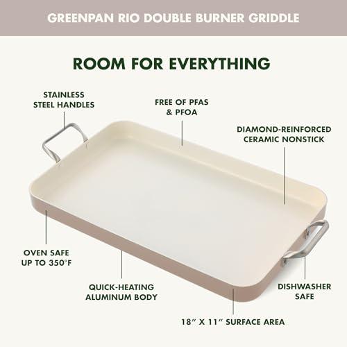 GreenPan GreenPan 18\" x 11\" Double Burner Griddle Pan, Hard Anodized Healthy Ceramic Nonstick PFAS-Free, Stainless Steel Handles, Stovetop Cooking, Dishwasher Safe, Oven & Broiler Safe Cookware, Taupe