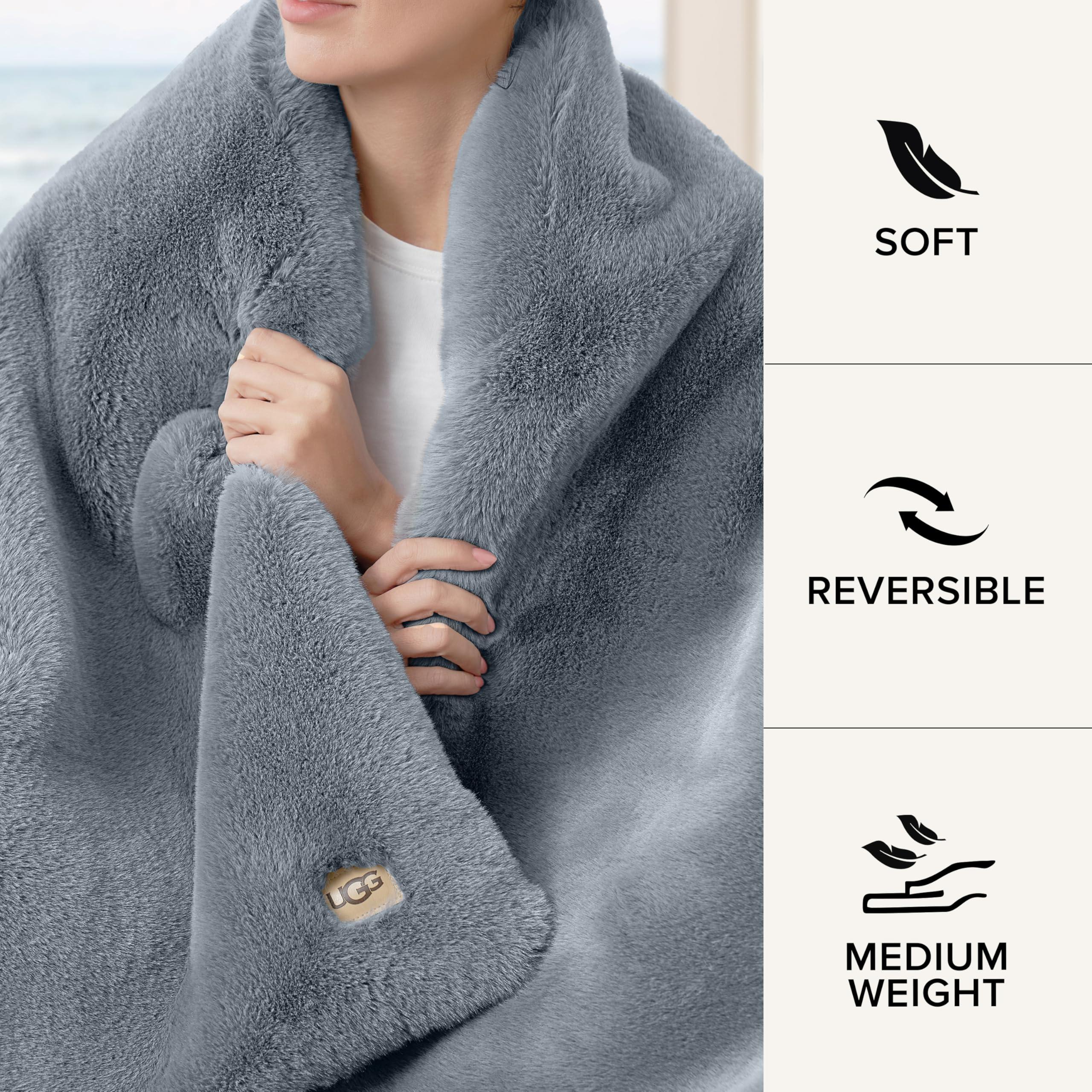 UGG UGG 11069 Euphoria Plush Faux Fur Reversible Throw Cozy Fuzzy Fluffy Blanket for Couch Bed Hotel Style Luxury Machine Washable Home Decor Luxurious Soft Throws for Sofa, 70 x 50-Inch, Chambray