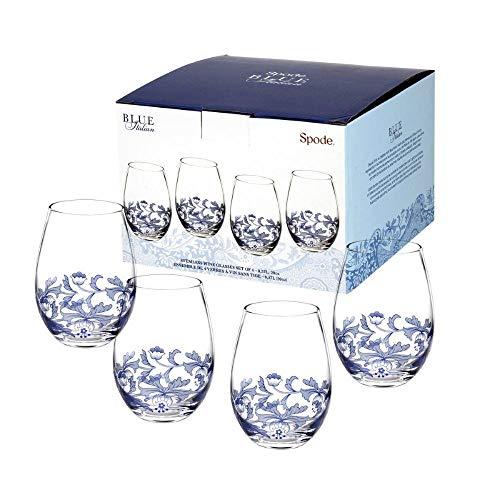 Spode Portmeirion Spode Blue Italian Stemless Wine Glasses Set of 4, 20oz / 570ml | Classic Timeless Design