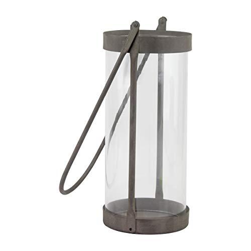 Stonebriar Stonebriar Industrial Glass Cylinder Hurricane Candle Lantern with Rustic Zinc Metal Frame and Handle, Gray