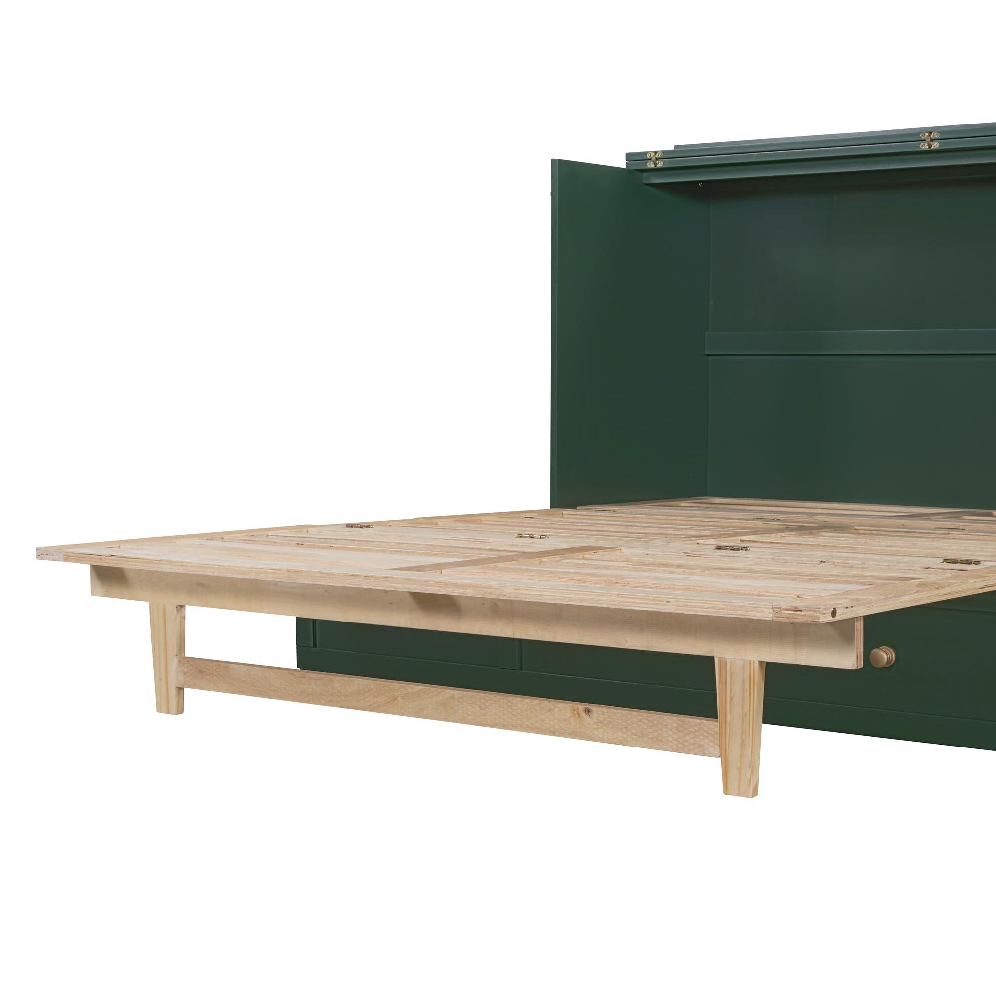 Tdewlye Tdewlye Stylish Versatility Queen Size Murphy Bed, Murphy Cabinet Bed with Large Drawer, Can Be Foldable, Space Saving, Wooden Low Bedframe for Bedroom, Apartment (Green-rr)