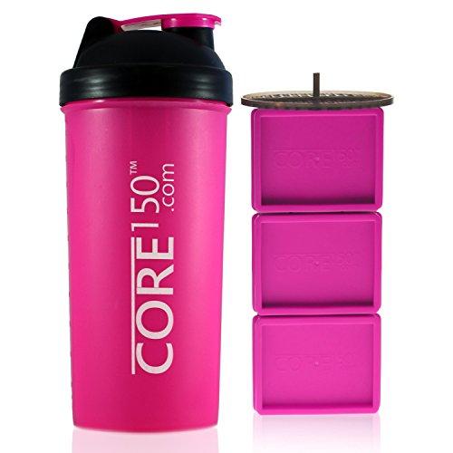 Core 150 Core150 Attitude Shaker - Pink - 35oz Protein Shaker Bottle. Contains easy stack removable storage with 3 compartments