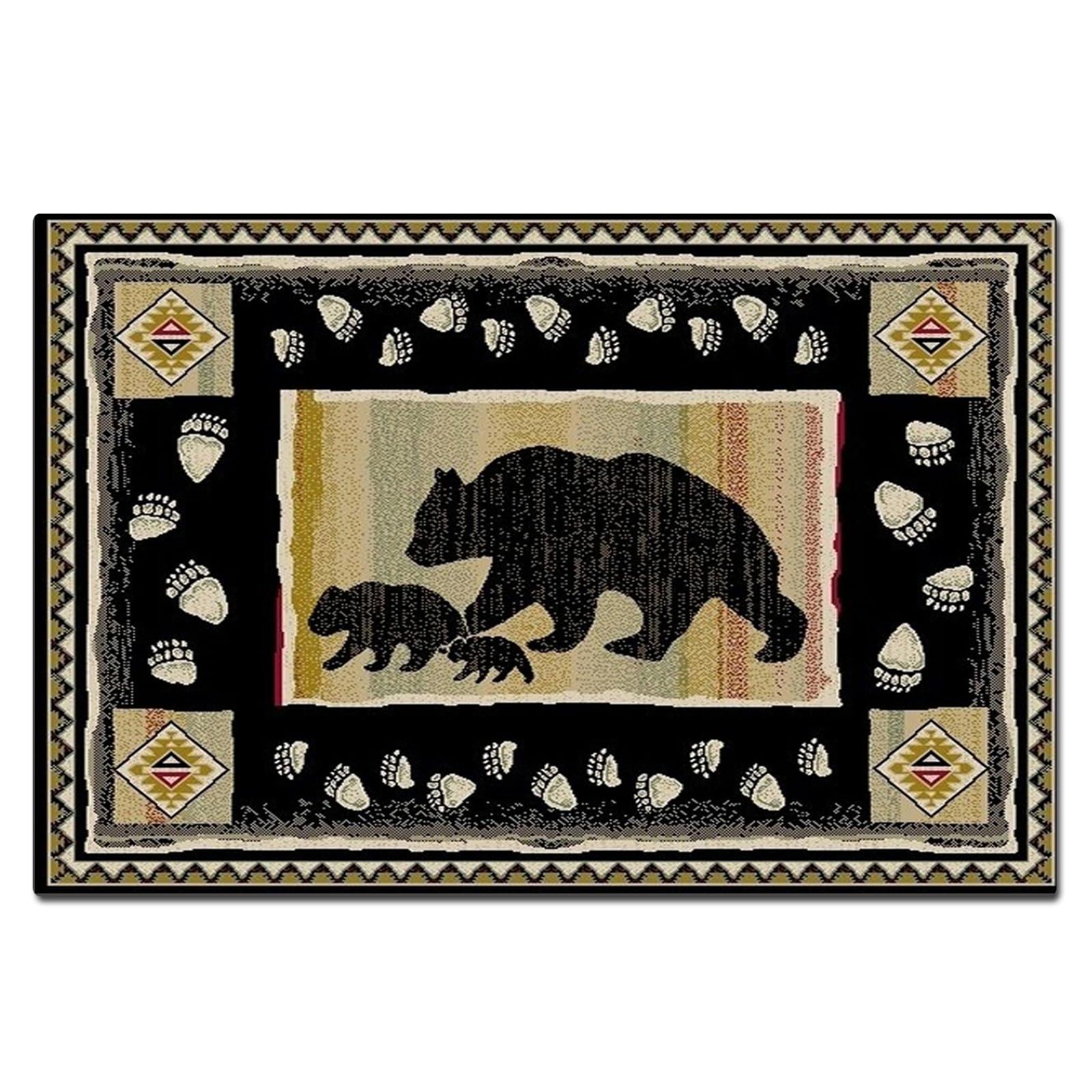 TuLdys TuLdys Rustic Cabin or Lodge Theme Rug, 3x5ft/36x60in, Bear and Cub Design with Trees in Background and Bear Track Patterned Edges Imitation Cashmere Area Rugs with 4 Pcs Carpet Gripper