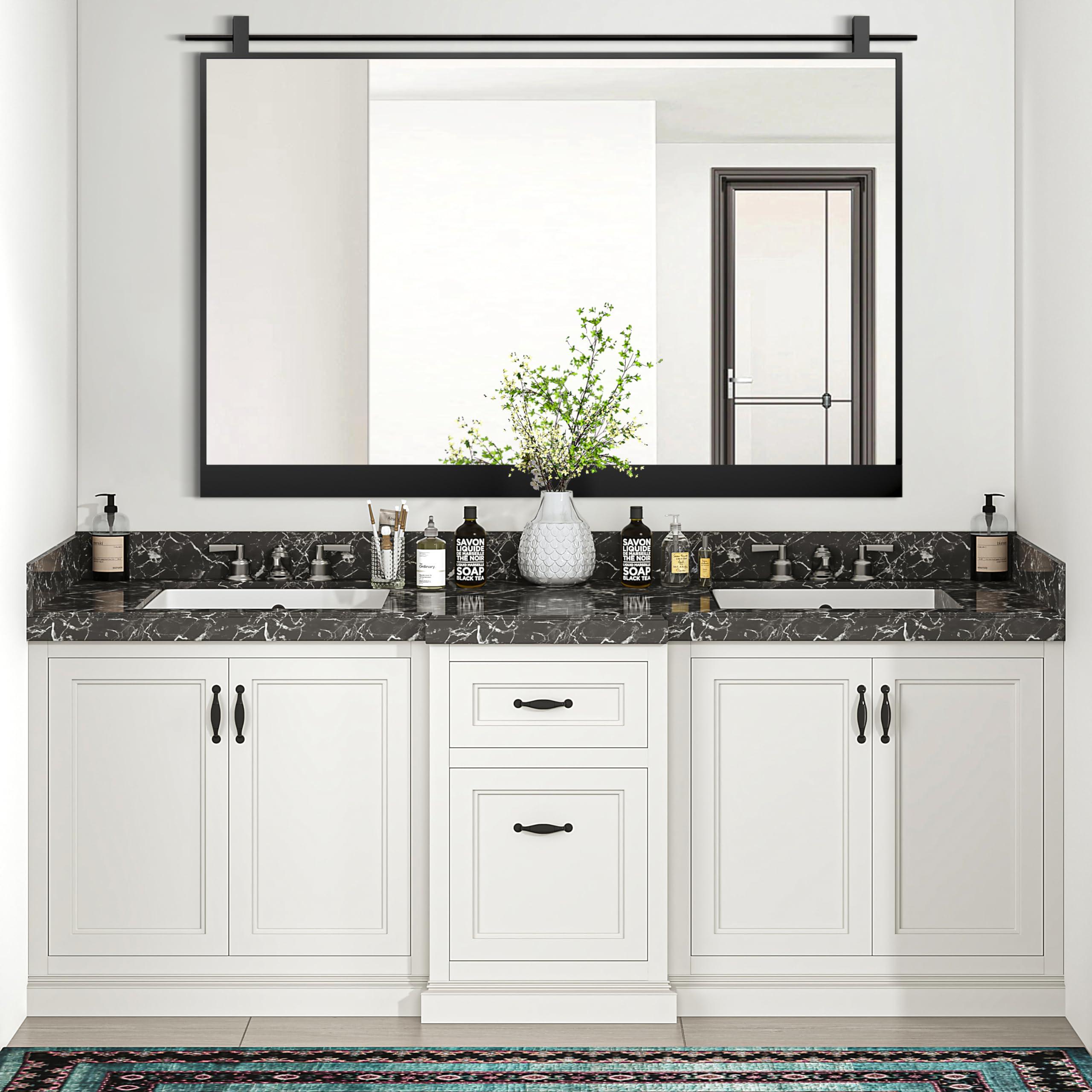 MYTHFUL MYTHFUL 40x28 Inch Rectangle Bathroom Vanity Mirror for Wall Mounted Over Sink Farmhouse Rustic Matte Black Frame Barn Door Mirrors Foyer Entryway Decor