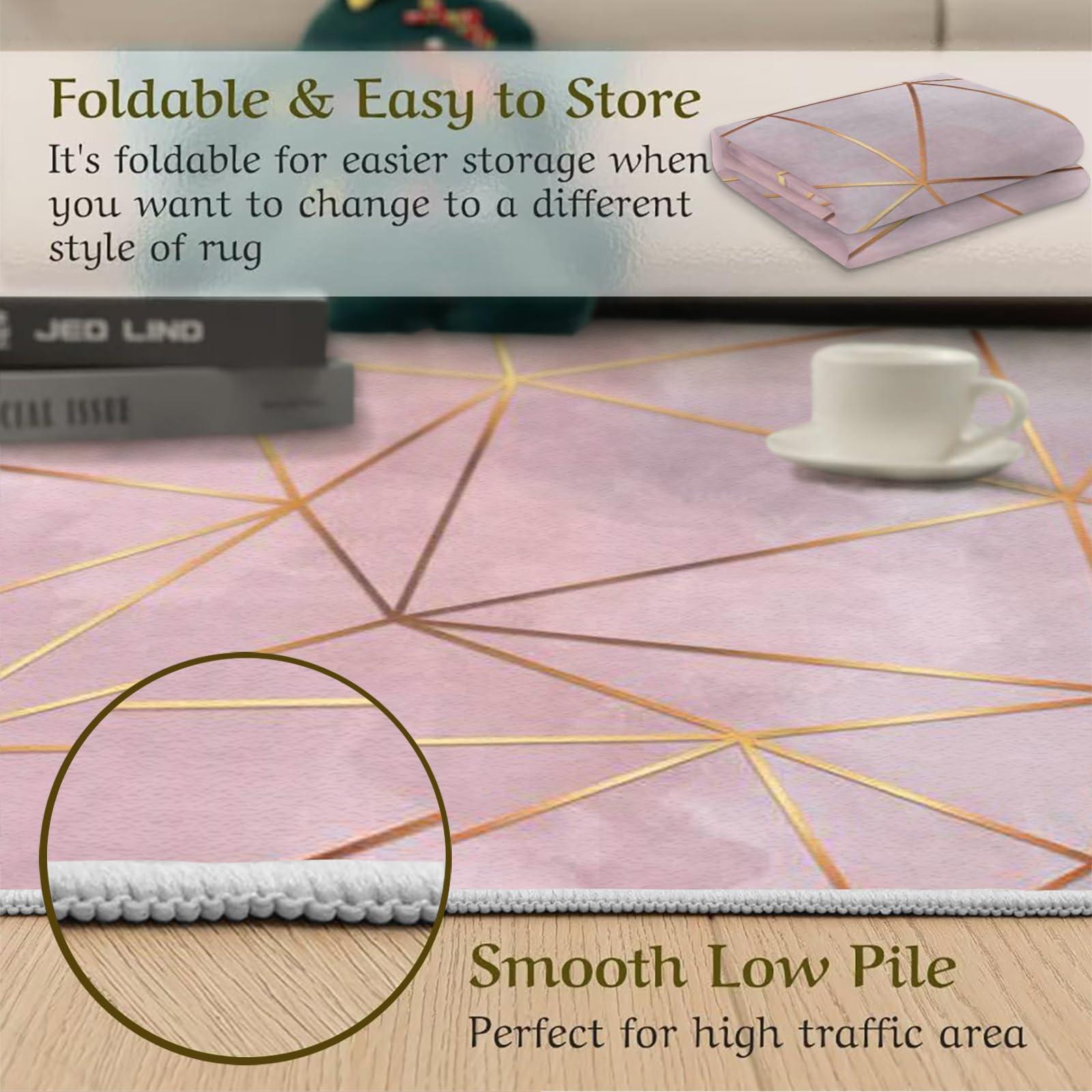 LACEABI Nordic Rose Gold Gradient Geometry Area Rug, Light Luxury Pink Indoor Non Slip Bedroom Rug, Low Pile Foldable Home Decor Carpet for Woman Bedside Living Room Kitchen Dining Room - 3 ft x 5 ft