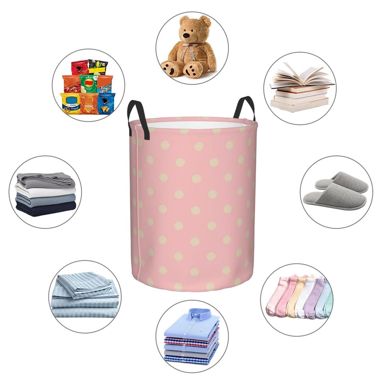 EdNeY Retro Beige Polka Dot Pink Laundry Hamper with Durable Handle Waterproof Foldable Laundry Basket Circular Dirty Clothes Storage Basket for Home Bathroom Office Nursery
