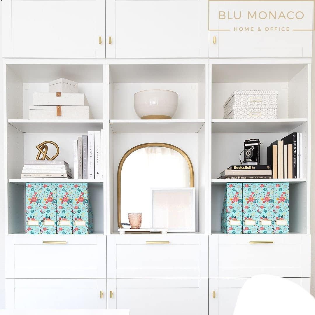 BLU MONACO BLU MONACO Floral Magazine Holder Cute Set of 4 Foldable Magazine File Boxes Aqua Floral Pattern with Gold Label Holder- Magazine Rack Desk Organizer, Binder Holder, Vertical File Folder Organizer
