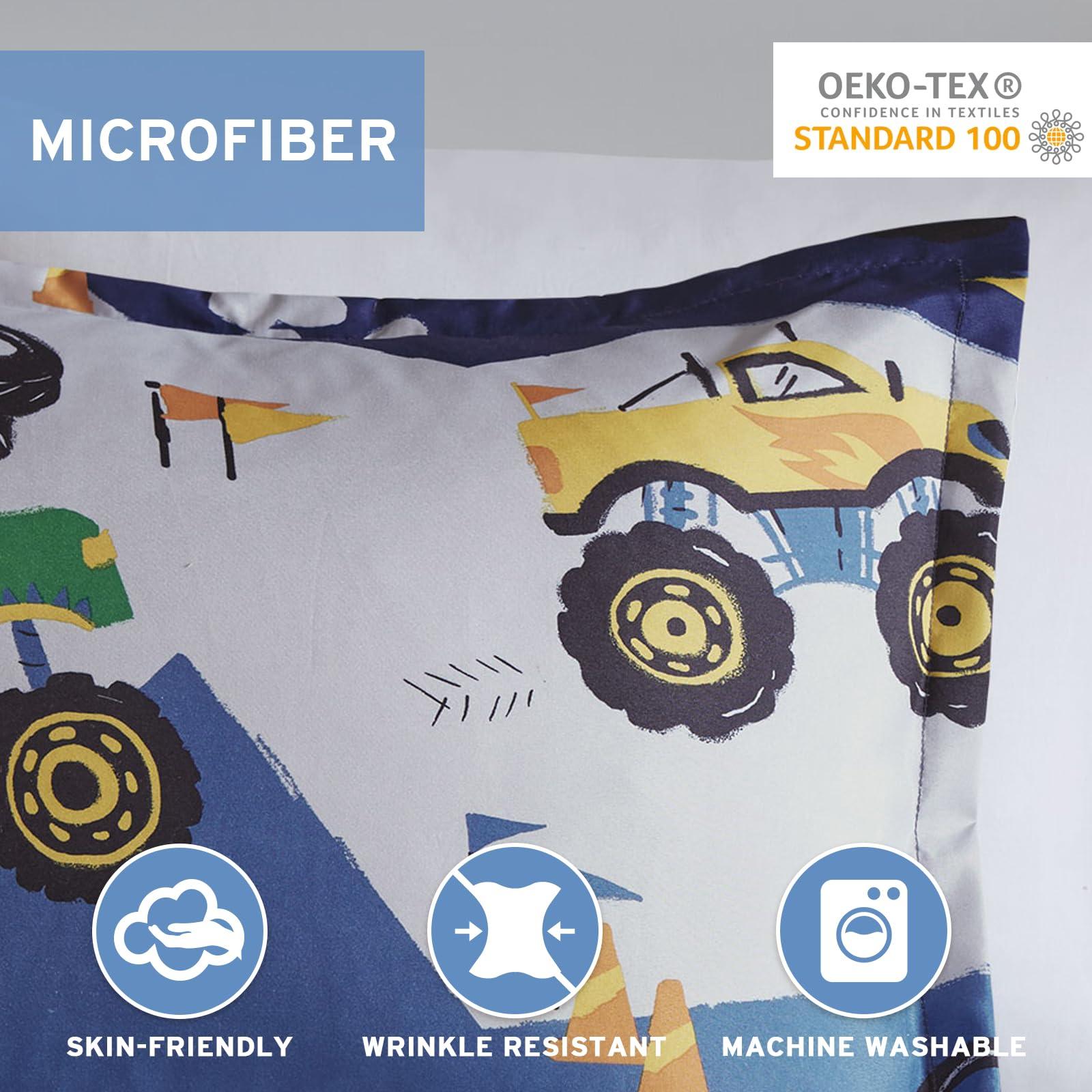 MI ZONE KIDS Mi Zone Kids Twin Comforter Set for Boys 3 Piece Monster Truck Comforter Set, Twin Size Bedding Set, Teen Bed Set, Microfiber Bedding Set, Matching Sham, Embroidered Truck Throw Pillow, Twin, Blue