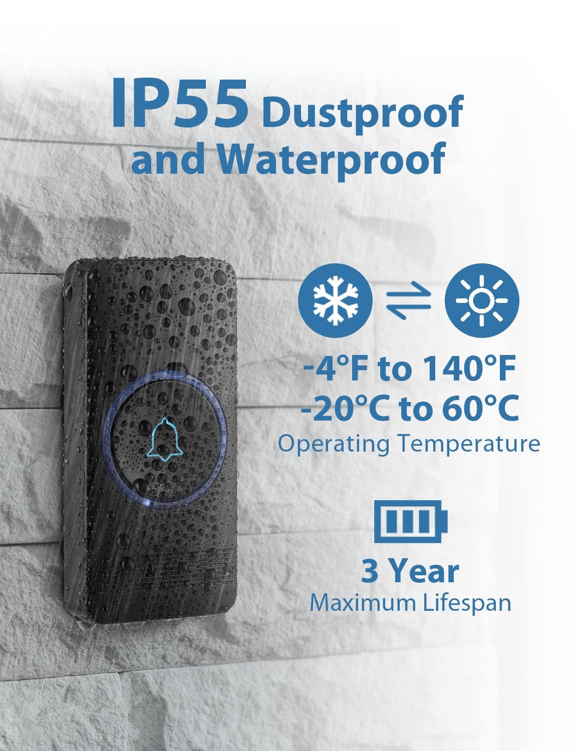 AVANTEK AVANTEK Wireless Doorbell, D-3B Waterproof Door Chime Kit Operating at over 1300 Feet with 2 Plug-In Receivers, 52 Melodies, CD Quality Sound and LED Flash