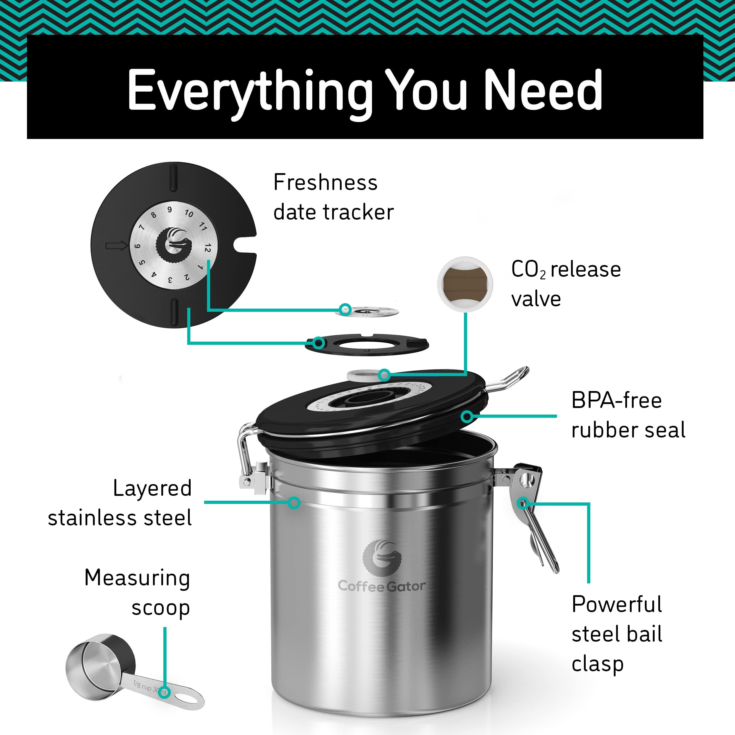 Coffee Gator Coffee Gator Stainless Steel Canister - Small 11oz, Silver Coffee Grounds and Beans Container with Date-Tracker, CO2-Release Valve, and Measuring Scoop - Ideal Coffee Lovers Gifts for Her