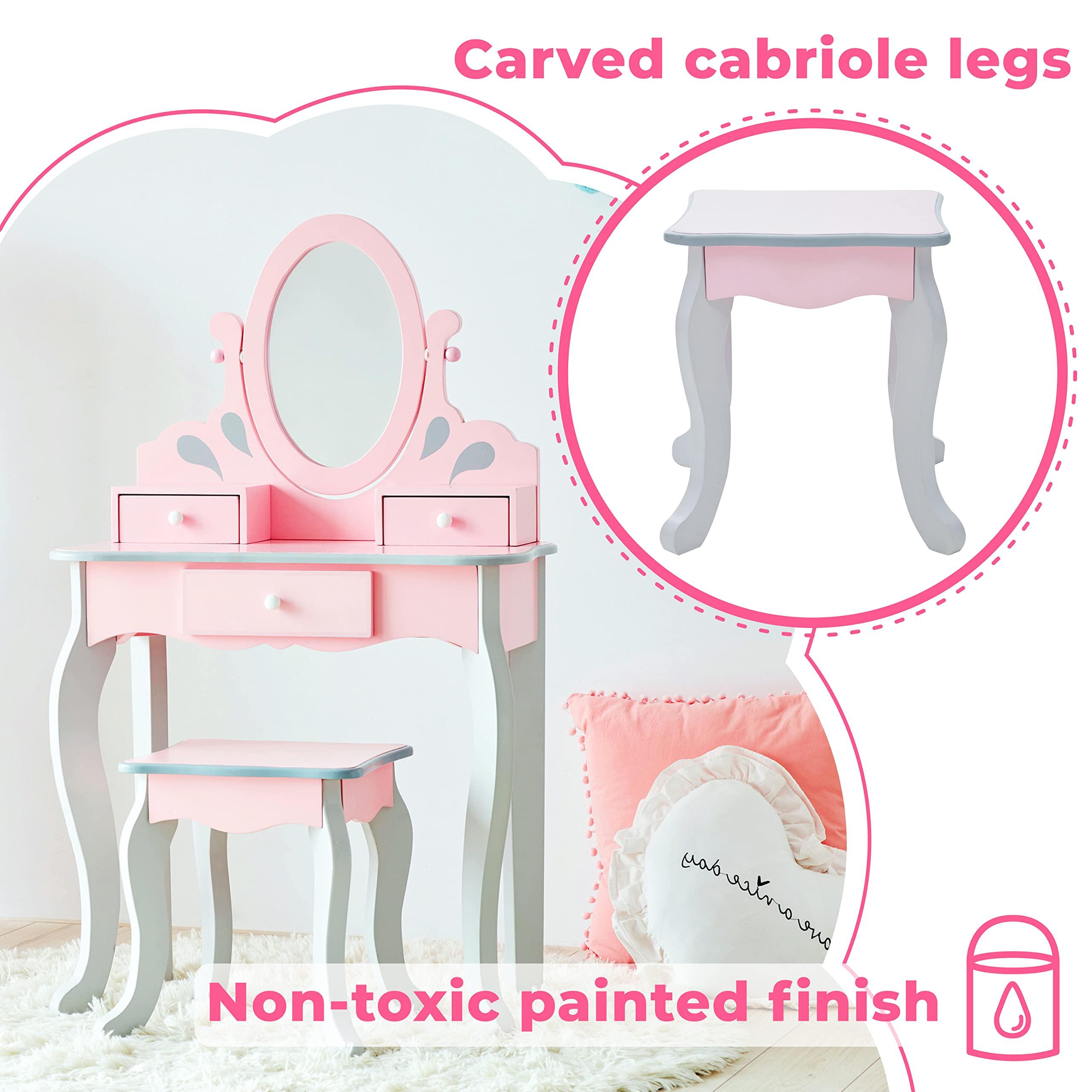 Teamson Kids Teamson Kids Princess Rapunzel Wooden 2-pc. Play Vanity Set with Three Storage Drawers, Rotating Oval Mirror and Matching Stool to Play Dress-Up, Princess or Beauty Salon, Pink and Gray