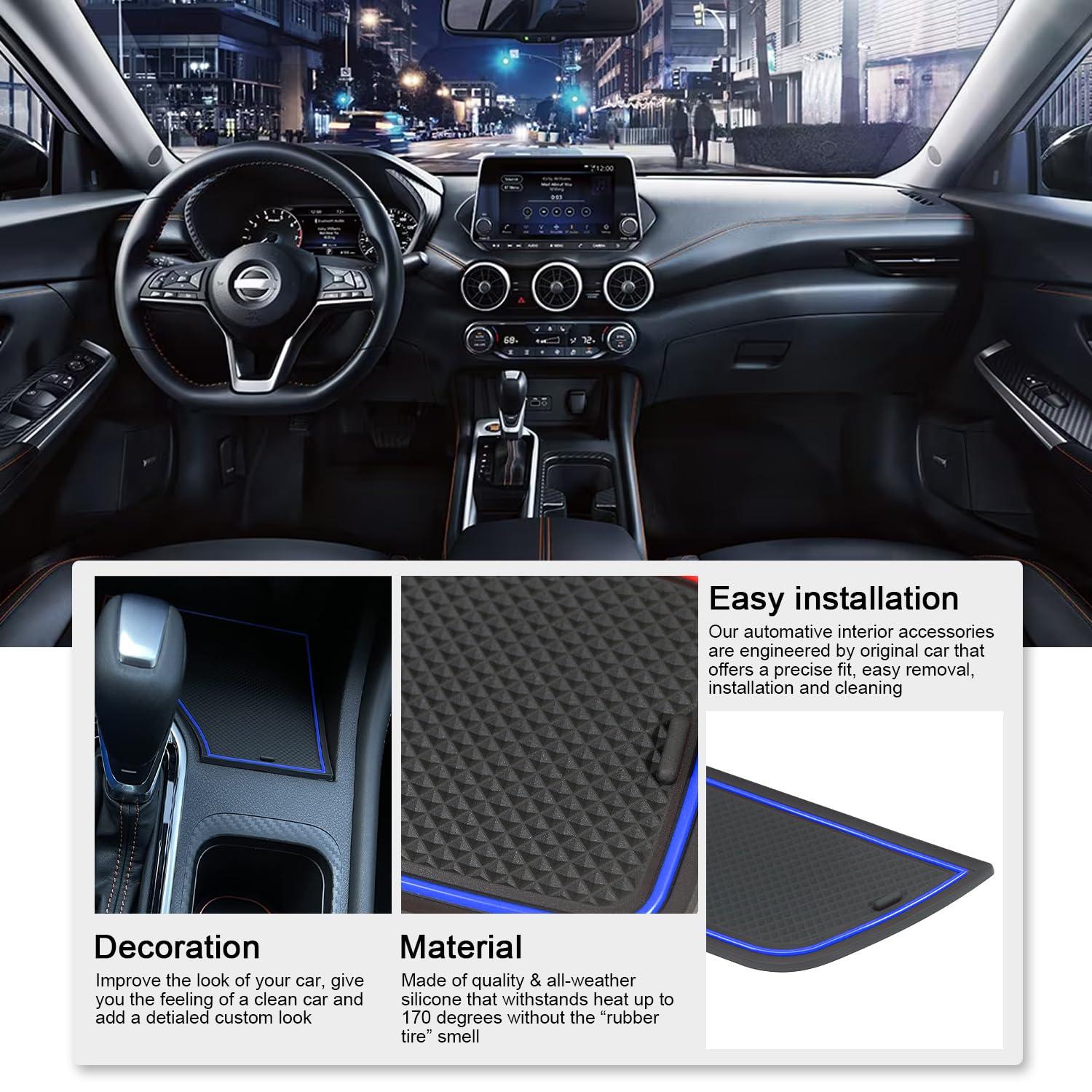 KENTUTO KENTUTO for Nissan Sentra Accessories 2025 2024 2023 2022 2021 2020 Custom Cup Holder Insert Liners Center Console Liners Interior Door Pockets Rubber Pad Mat Kit (Blue Trim)