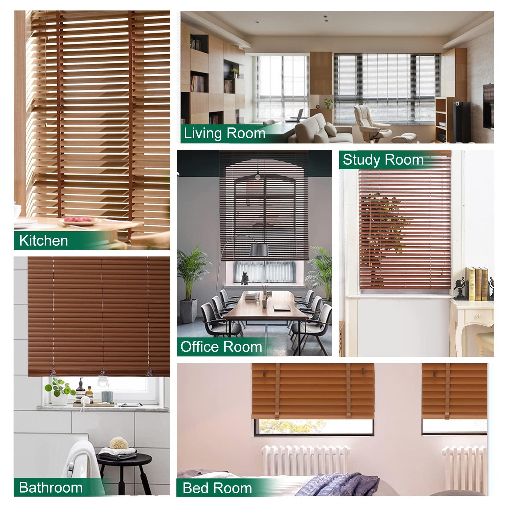 Fiunkes Blackout Venetian Shutter Wood Window Blinds, Wooden Venetian Blinds, 2'' Slats Heat Insulation Window Decoration, Filtered Light Horizontal Blinds, Privacy Wood Blinds,Brown,30.5'' W x 60'' H