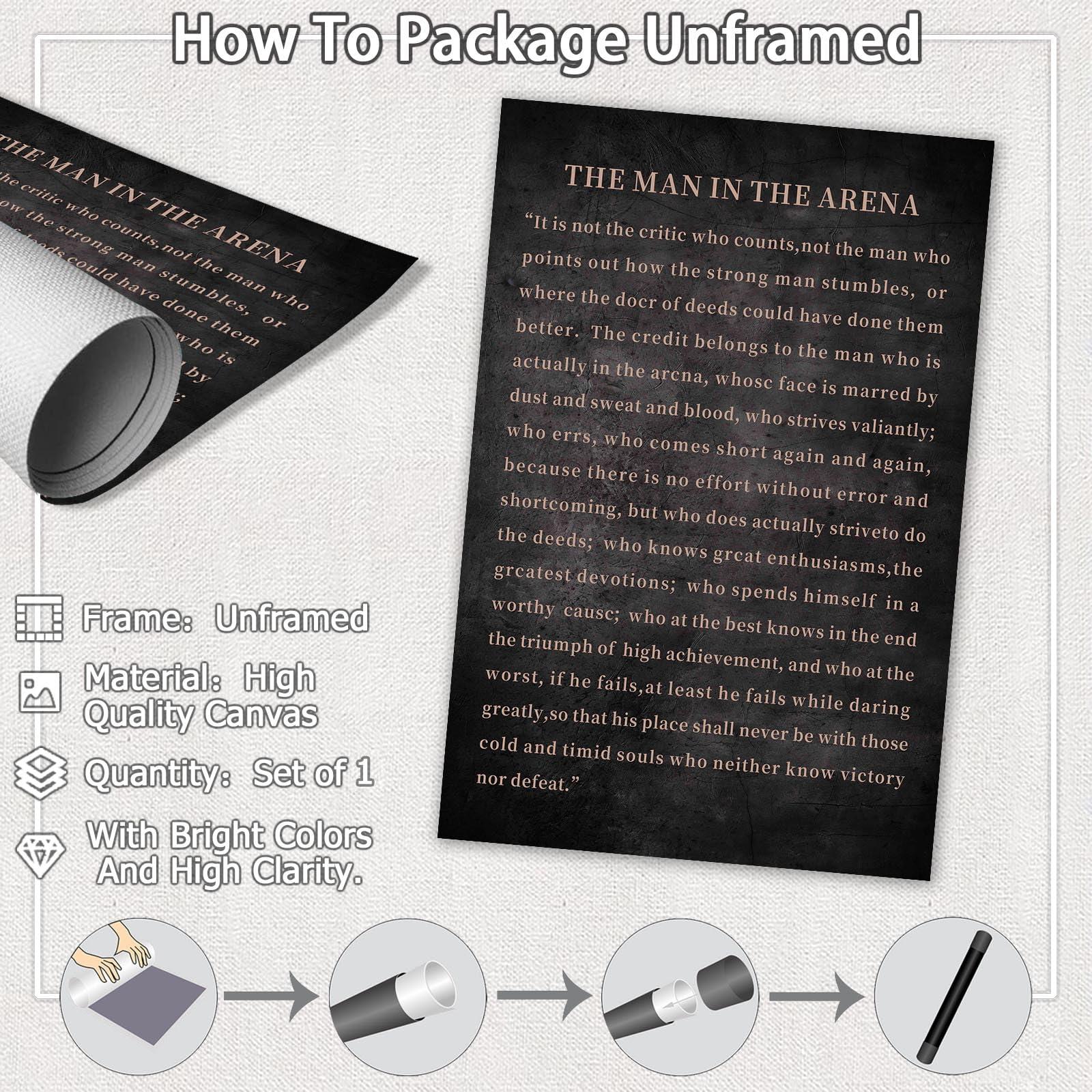 Dcvjiy Dcvjiy Canvas Wall Art The Man In The Arena Metal Print,Theodore Roosevelt Quote Artwork Painting For Modern Living Room Office Decor Framed Ready To Hang 16x24in Unframed