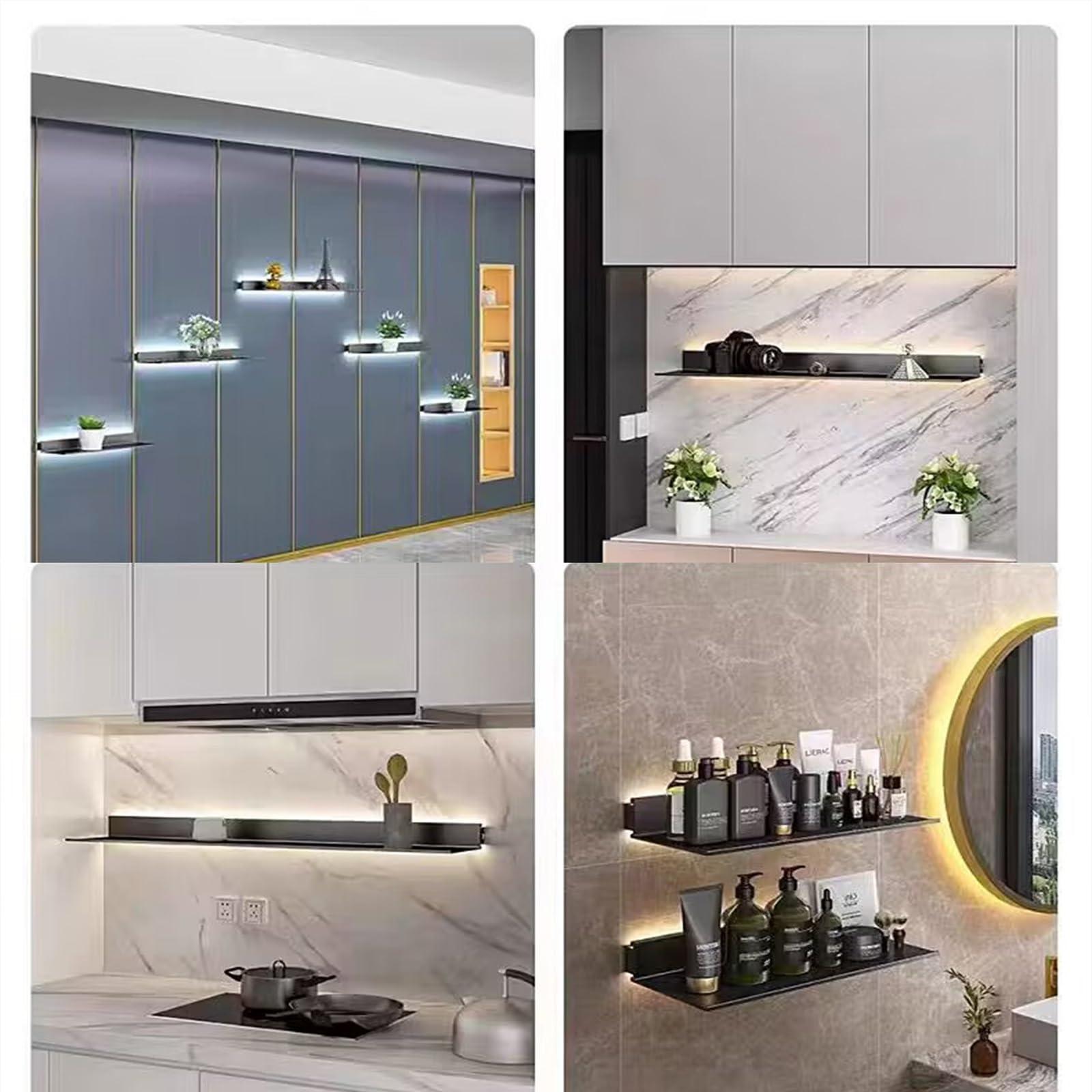 EMYJAY EMYJAY Floating Display Shelf, Floating Shelves Wall Mounted Floating Display Shelf LED Lighting Light is Soft Neatly Arranged to The Wall (Color : Black, Size : 60x20x6cm)