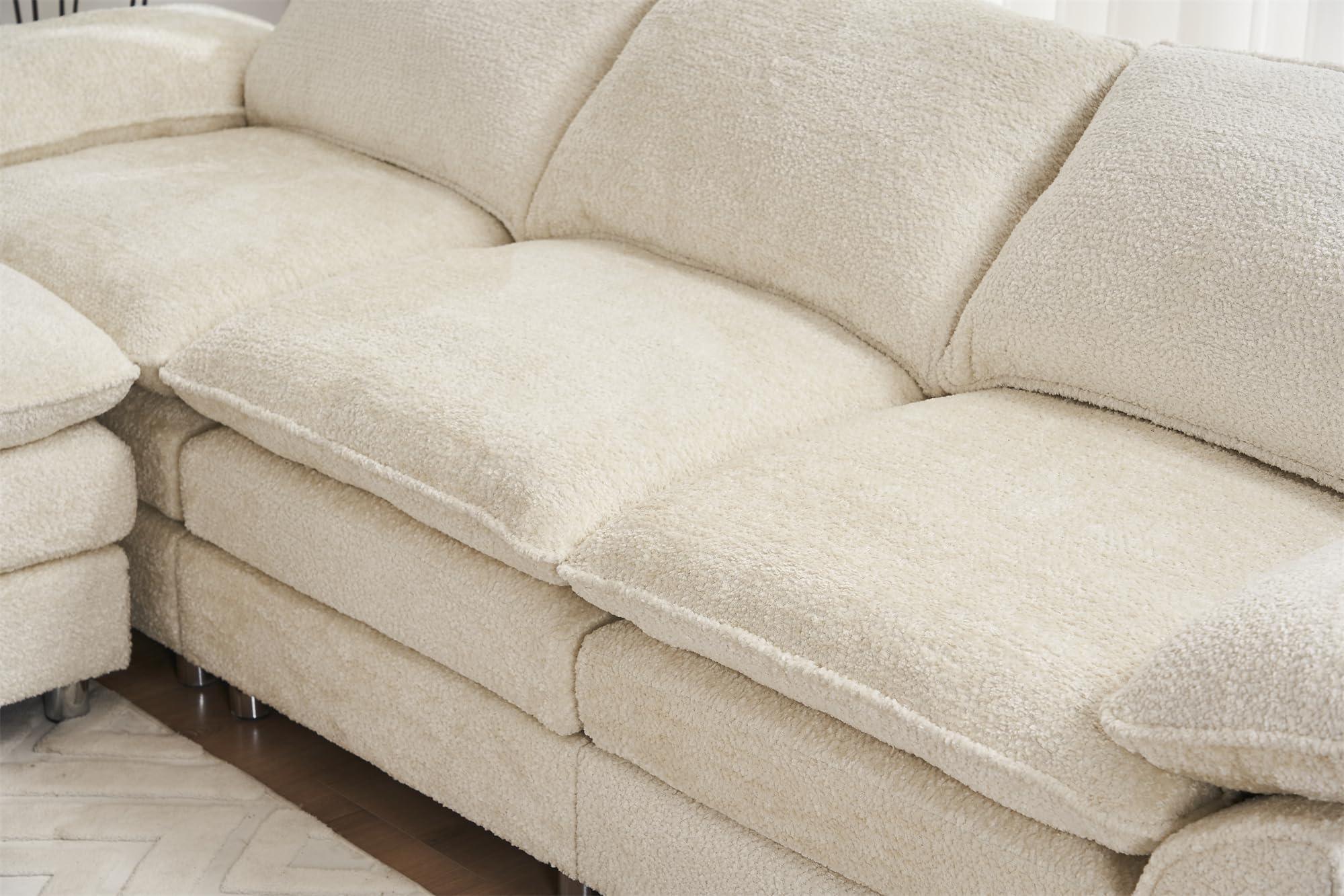 GERRIT 101.6" Oversized Sectional Sofa Cloud Couch, Modern Chenille Fabric Double-Upholstered Comfy Sleeper Sofa, L Shaped Boucle Couch with Moveable Ottoman for Living Room, Apartment, Office (Beige)