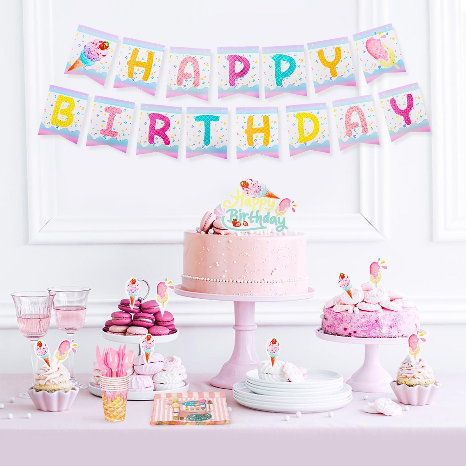 Qonmpcvu Qonmpcvu 183 PCS Ice Cream Party Decorations, Ice Cream Birthday Party Supplies, Ice Cream Party Supplies Set, Ice Cream Backdrop Tablecloth With Vibrant Paper Plates, Napkins, Cups Serve 20 Guests