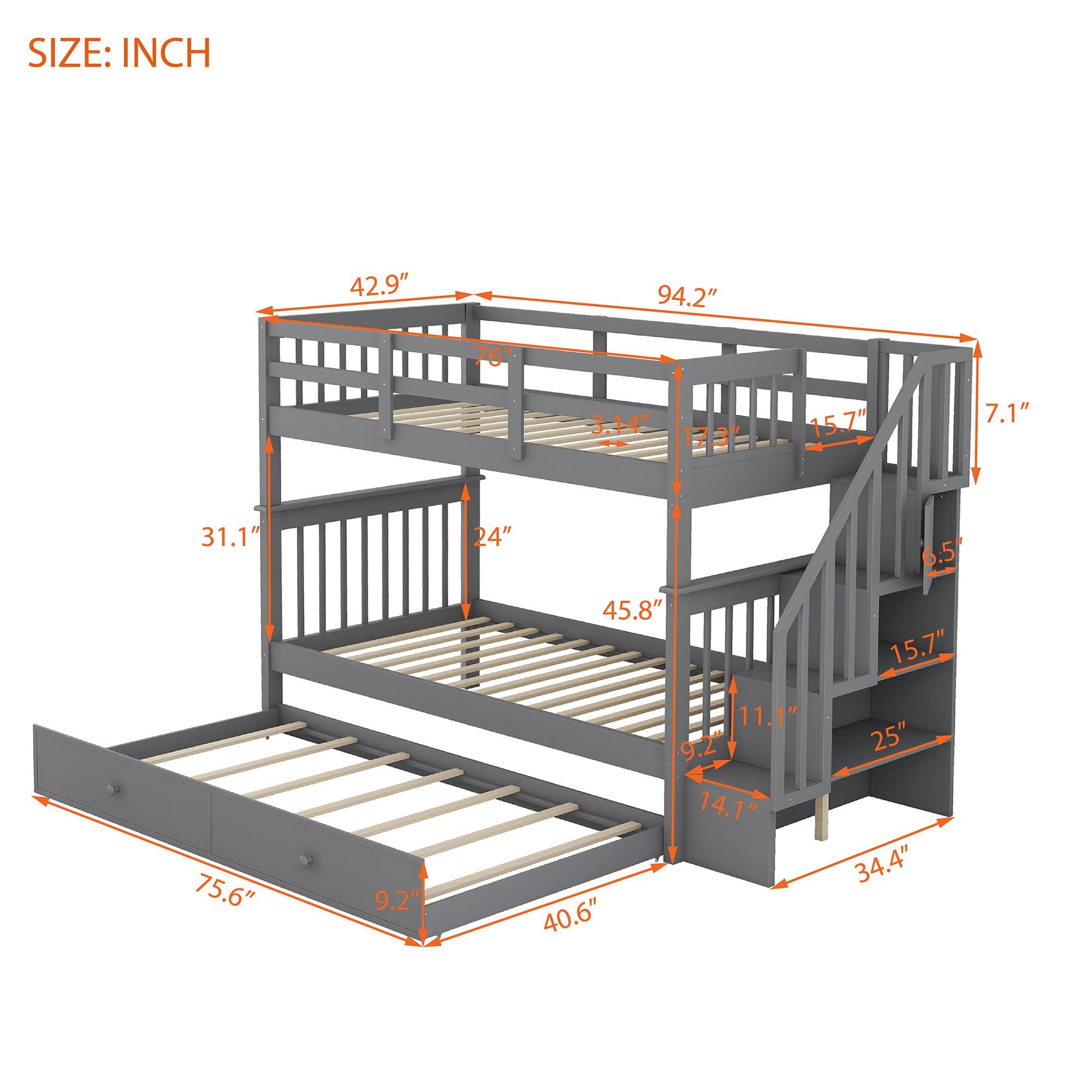 WEALTHKING WEALTHKING Stairway Bunk Bed with Trundle, Convertible Detachable Beds, Pine Wood Frame with Four-Step Staircase, Storage Shelves, Guardrails, No Box Spring Required (Grey,Twin over Twin)
