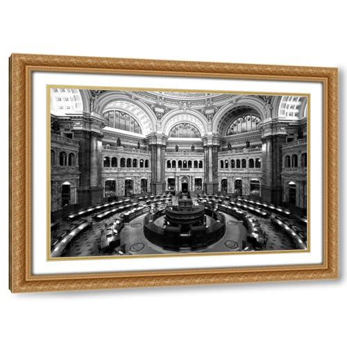 ArtDirect ArtDirect Main Reading Room. View from above showing researcher desks. Library of Congress Thomas Jefferson Bu II 24x17 Gold Ornate Wood Framed Double Matting Museum Art Print by Highmith, Carol