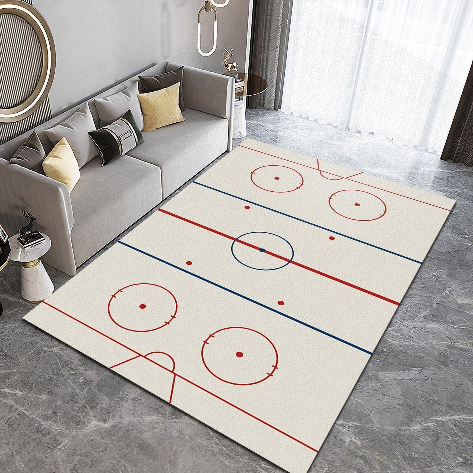 FXOURA Blue and White Ice Hockey Stadium Area Rug, Simple Ice Hockey Rink Rugs Floor Carpet, Indoor Non-Slip Rug for Room Sofa Living Room Mat Bedroom Home Decor Floor Mats 4ftx6ft