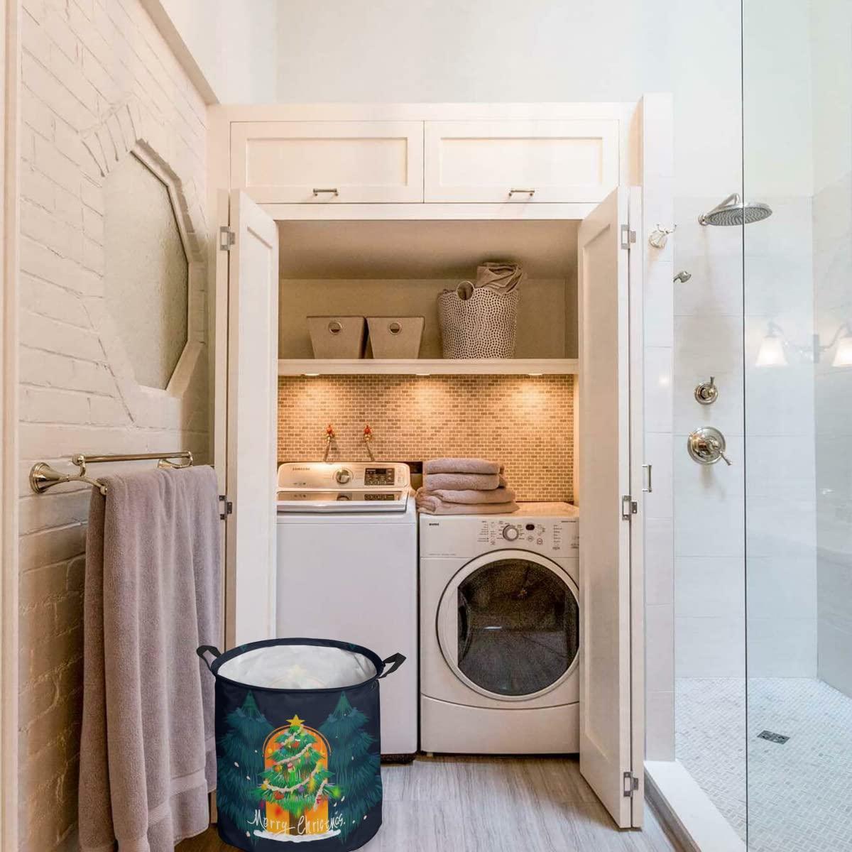 ZOE STORE Merry Christmas Large Laundry Basket, Waterproof Laundry Hamper for Baby Clothes, Green Xmas Tree Orange Lighting Black Foldable Laundry Baskets with Handles, 16.5\'\'x17\'\'