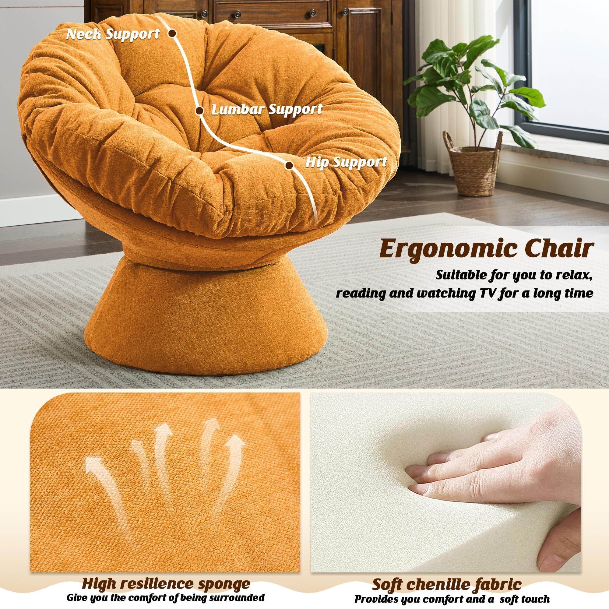 SLEERWAY Papasan Chair with Cushion and Frame, 360 Swivel Accent Chair, Comfy Chenille Upholstered Round Chair, Modern Oversized Reading Chair with Metal Base Lazy Chair for Bedroom, Living Room, Orange