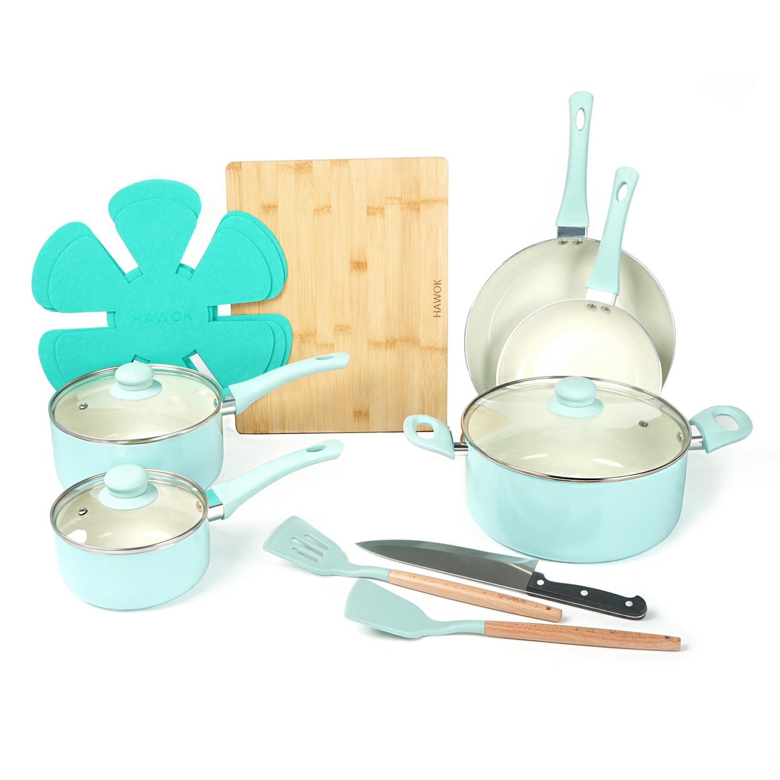 HAWOK HAWOK Kitchen Ceramic Non-stick coating Induction Cookware Sets - 15 Piece pressed Aluminum Pots and Frying Sauce Pans Set with BAKELITE Handles and Glass Lids, PFAS-Free