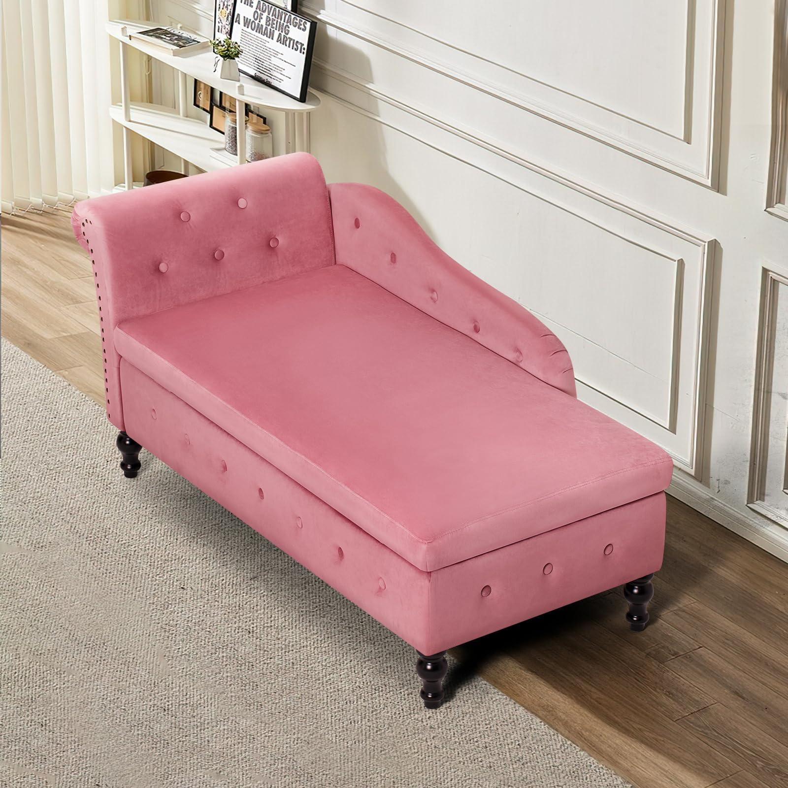 ACMEASE ACMEASE Upholstered Velvet Chaise Lounge with Left Armrest & Storage Space,Button Tufted Lounge Chair w/Lumbar Pillow,Modern Lounge Chair for Bedroom, Living Room and Office,Pink