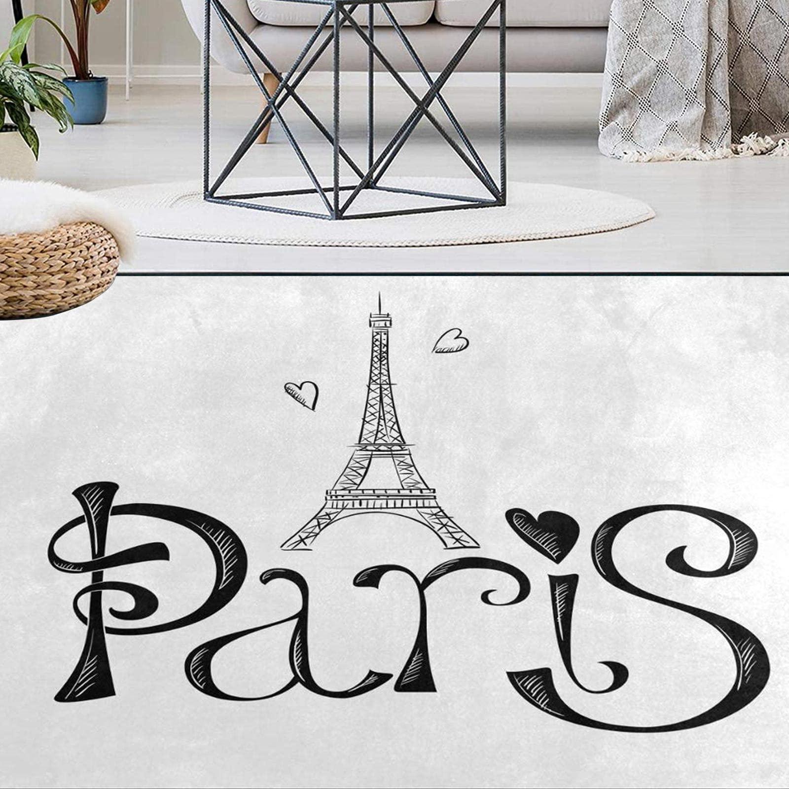 Oueoty Cityscape Paris Eiffel Tower White Area Rug 2x3ft/24x36in/60x90cm,Non Slip Floor Carpet Yoga Mat for Living Dinning Room Bedroom Kitchen