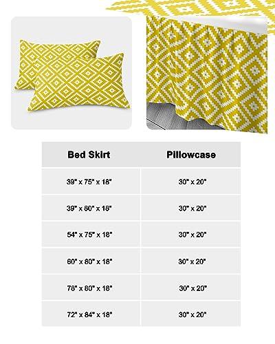 PRINT PICTURE ARTHOME Bed Skirt Full Size 18 Inch Drop, Yellow Wrap Around Bed Skirts Set - 1 Bed Sheet & 2 Pillowcase(30\"x20\"), Geometric Square Texture Dust Ruffle Bedding Sets