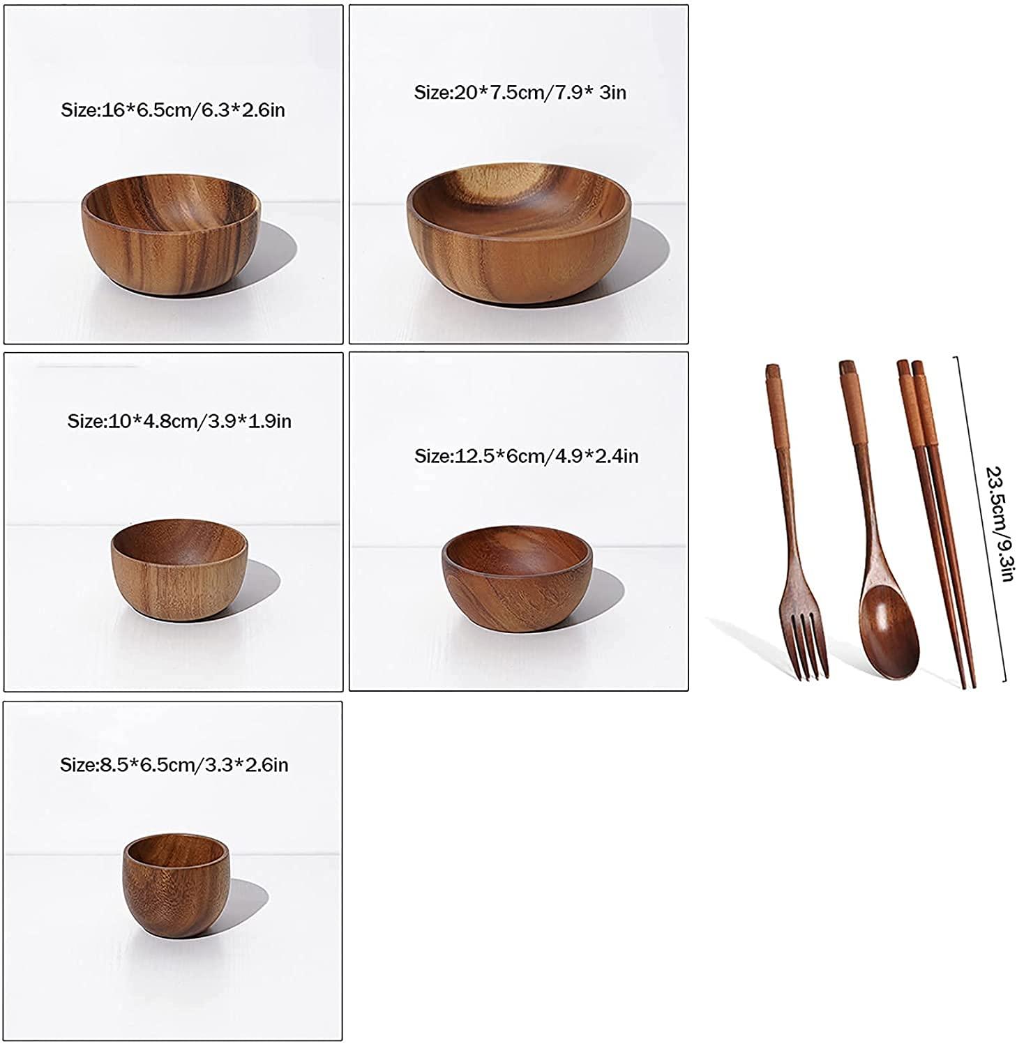 Junorstar Bowl Household Rice Bowl Ramen Bowl Tableware Wood Bowl with Servers Set, Wooden Salad Bowl Set of 5, Individual Bowls for Food And Snacks, Salads, Pasta, Acacia Hardwood Dinnerware Set,Brown