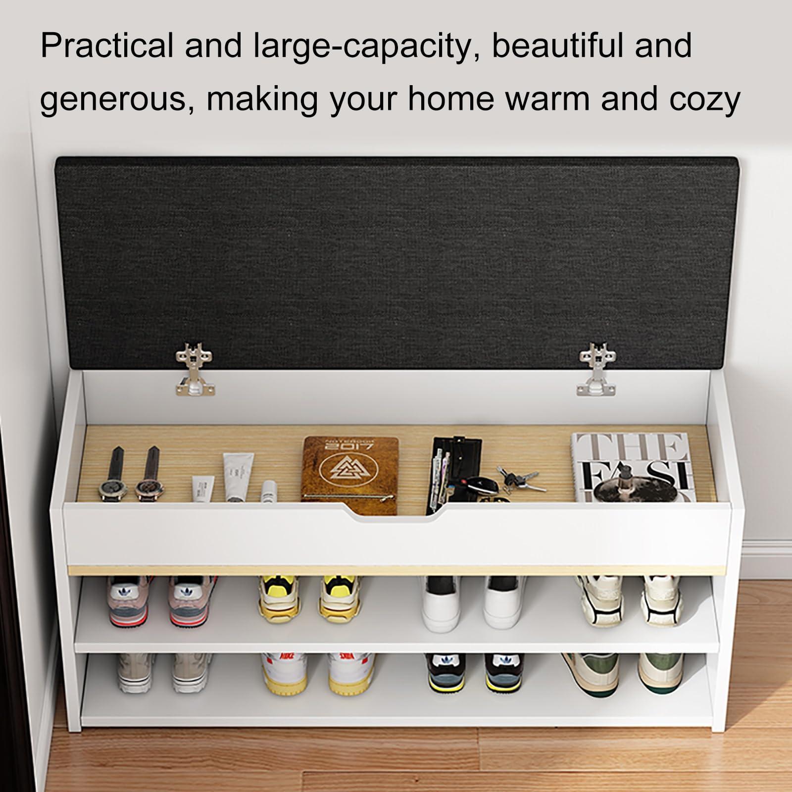 SARKEY Shoe Bench, Bench with Shoe Storage,Lift Top Entryway Bench with Removable Cushion, Wood Shoe Rack with Shoe Storage Drawer and Doors for Entryway, Mudroom, Hallway, Closet and Garage (Color : Black